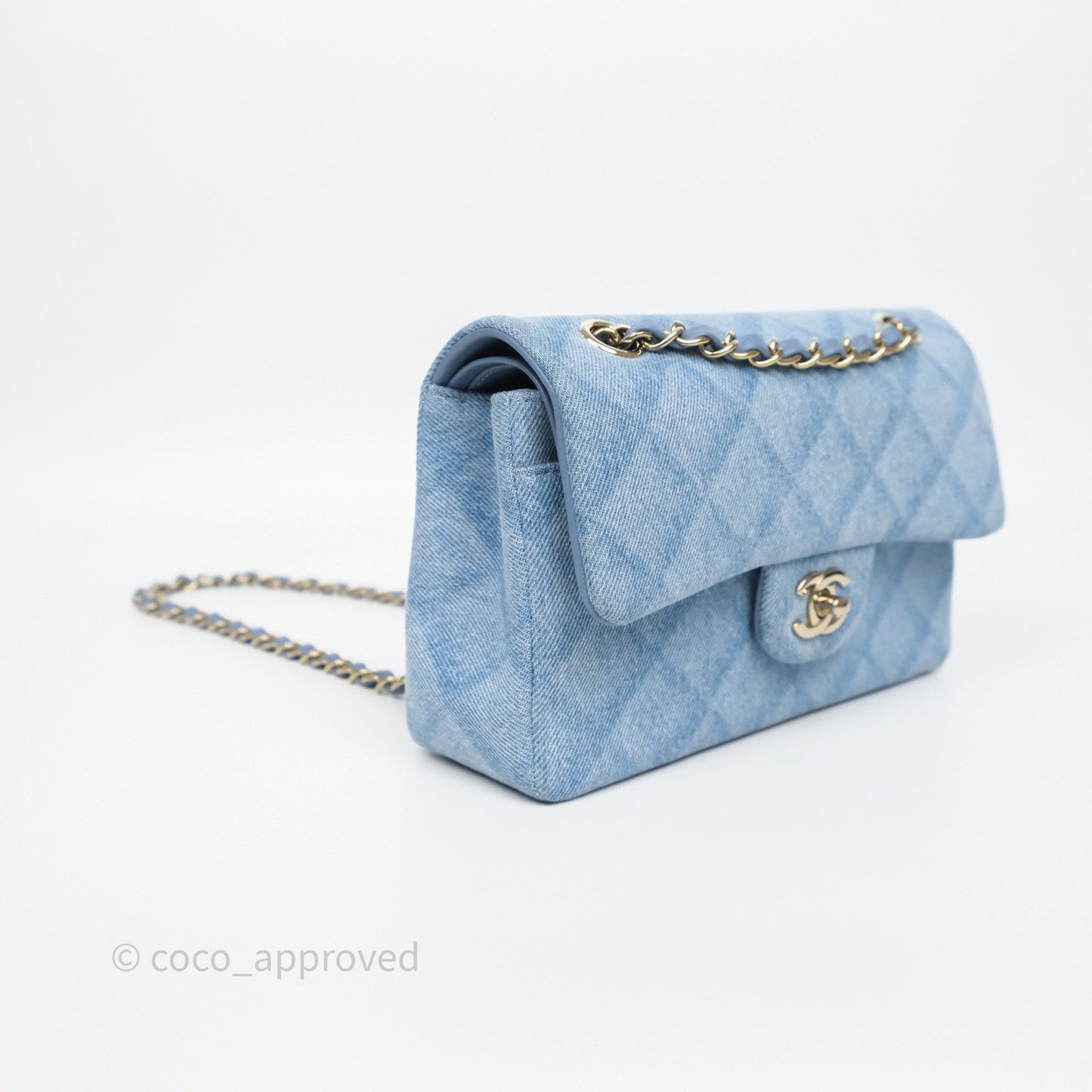 Chanel Small Double Flap Blue Printed Quilted Denim Gold Hardware