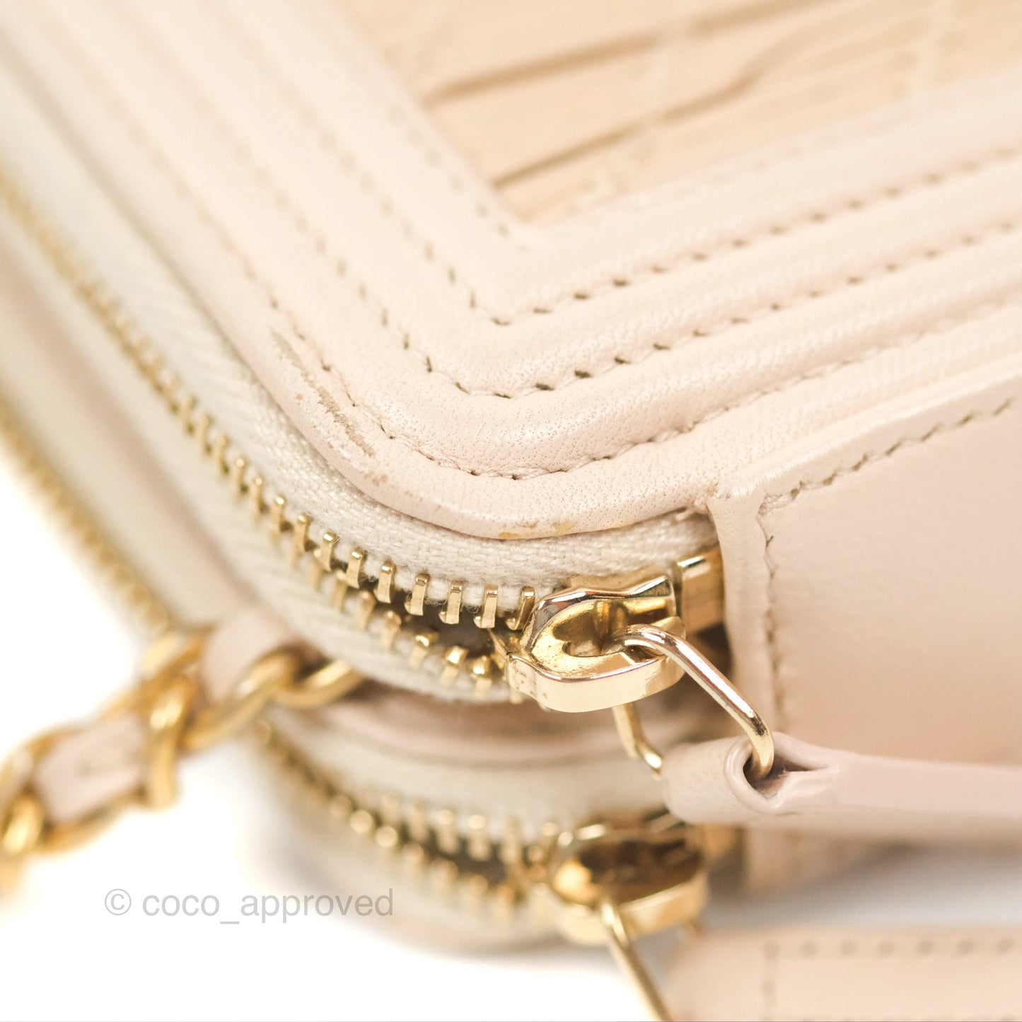 Chanel Boy Double Zip Clutch On Chain Chevron Pale Beige Aged Gold Hardware