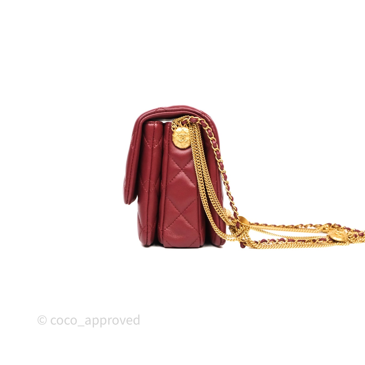 Chanel Quilted Accordion Flap Bag with Button on Chain Burgundy Lambskin Aged Gold Hardware 22A