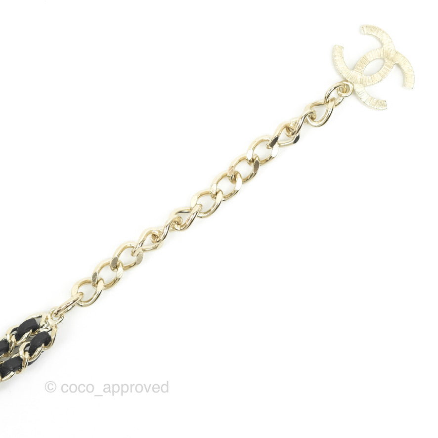Chanel Black Leather Chain Braided Pearl Crystal CC Drop Choker Gold Tone 21B