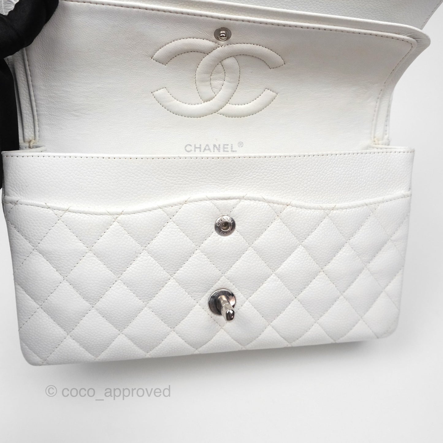 Chanel Classic M/L Medium Double Flap White Caviar Silver Hardware