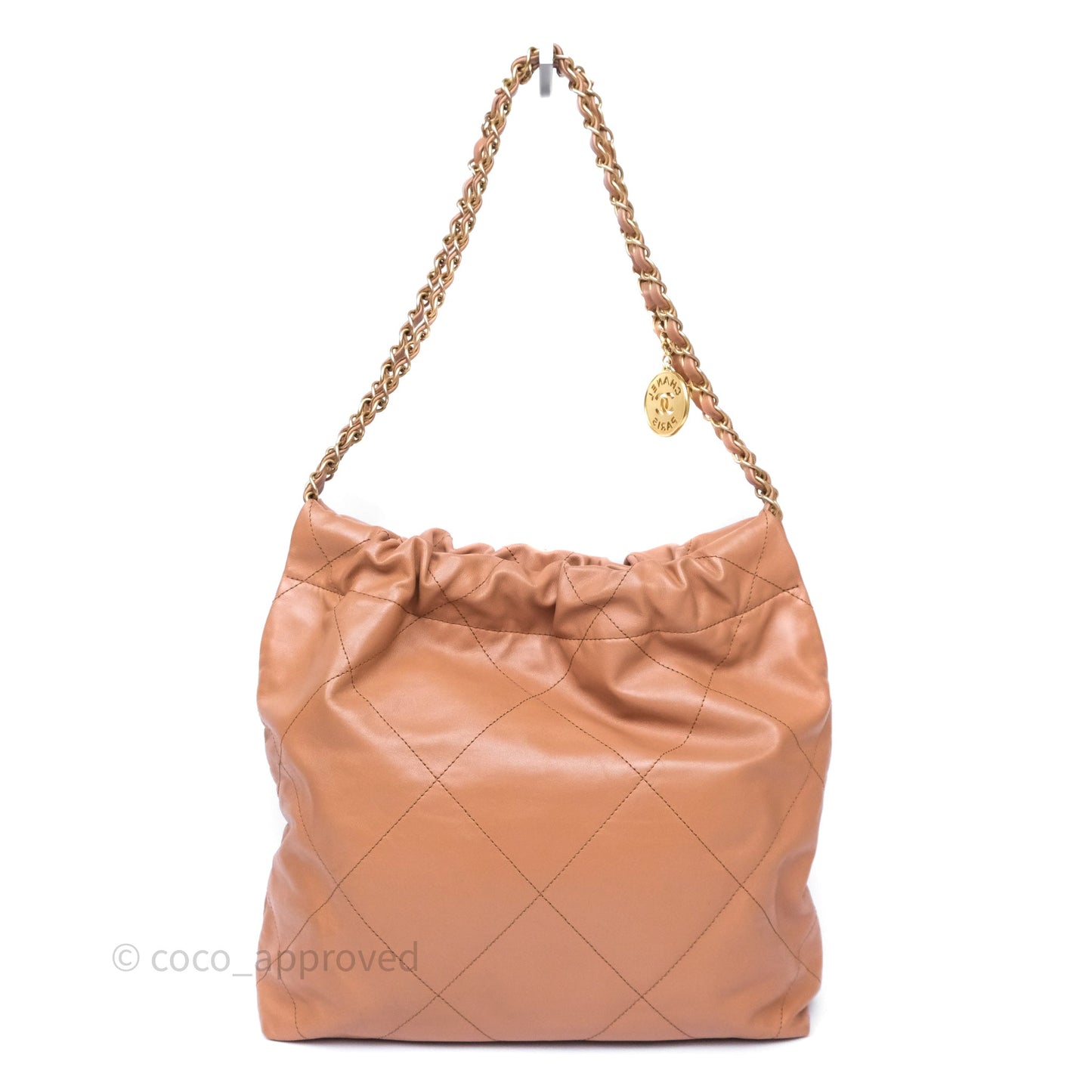 Chanel 22 Small Caramel Beige Shiny Calfskin Aged Gold Hardware