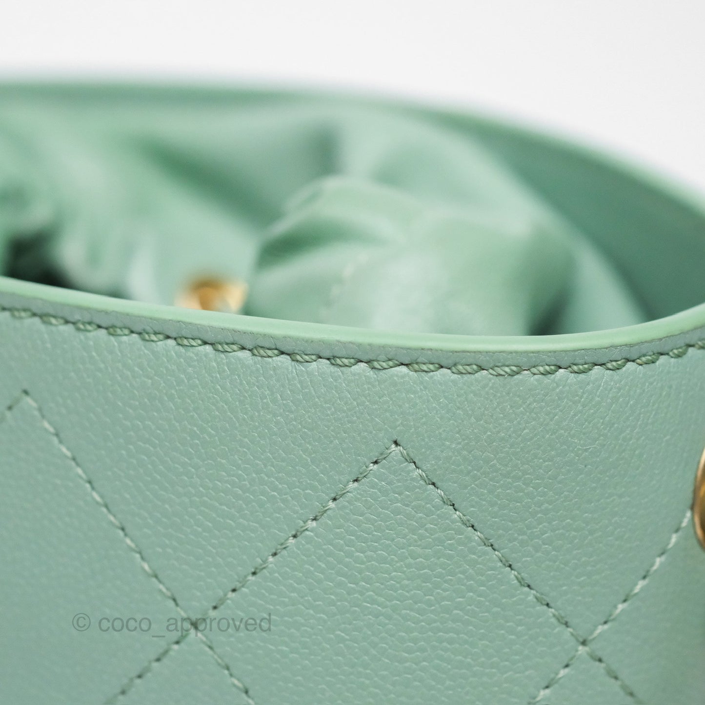 Chanel Drawstring Bucket Bag Quilted Green Caviar Aged Gold Hardware