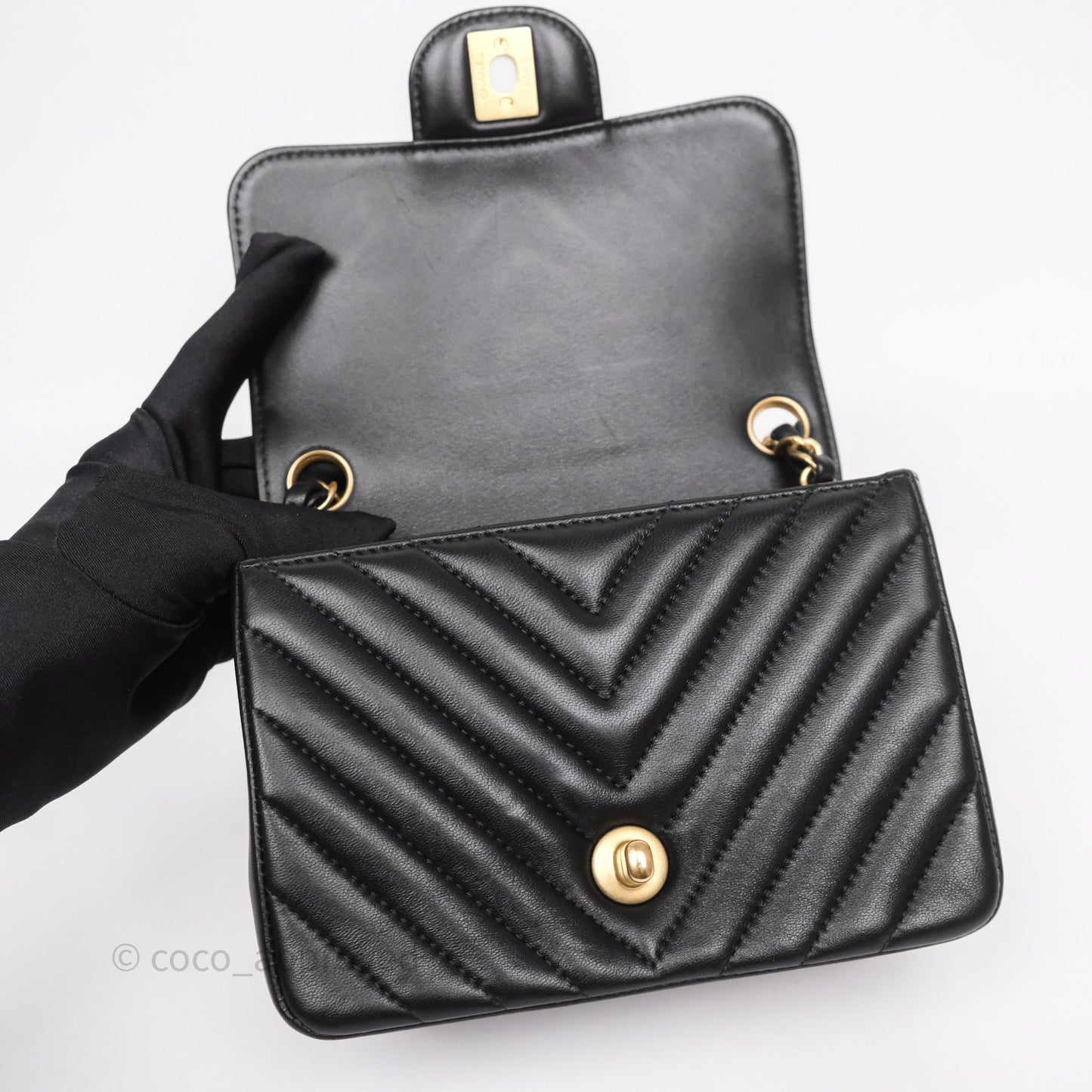 Chanel Mini Square Flap Chevron Black Lambskin Aged Gold Hardware