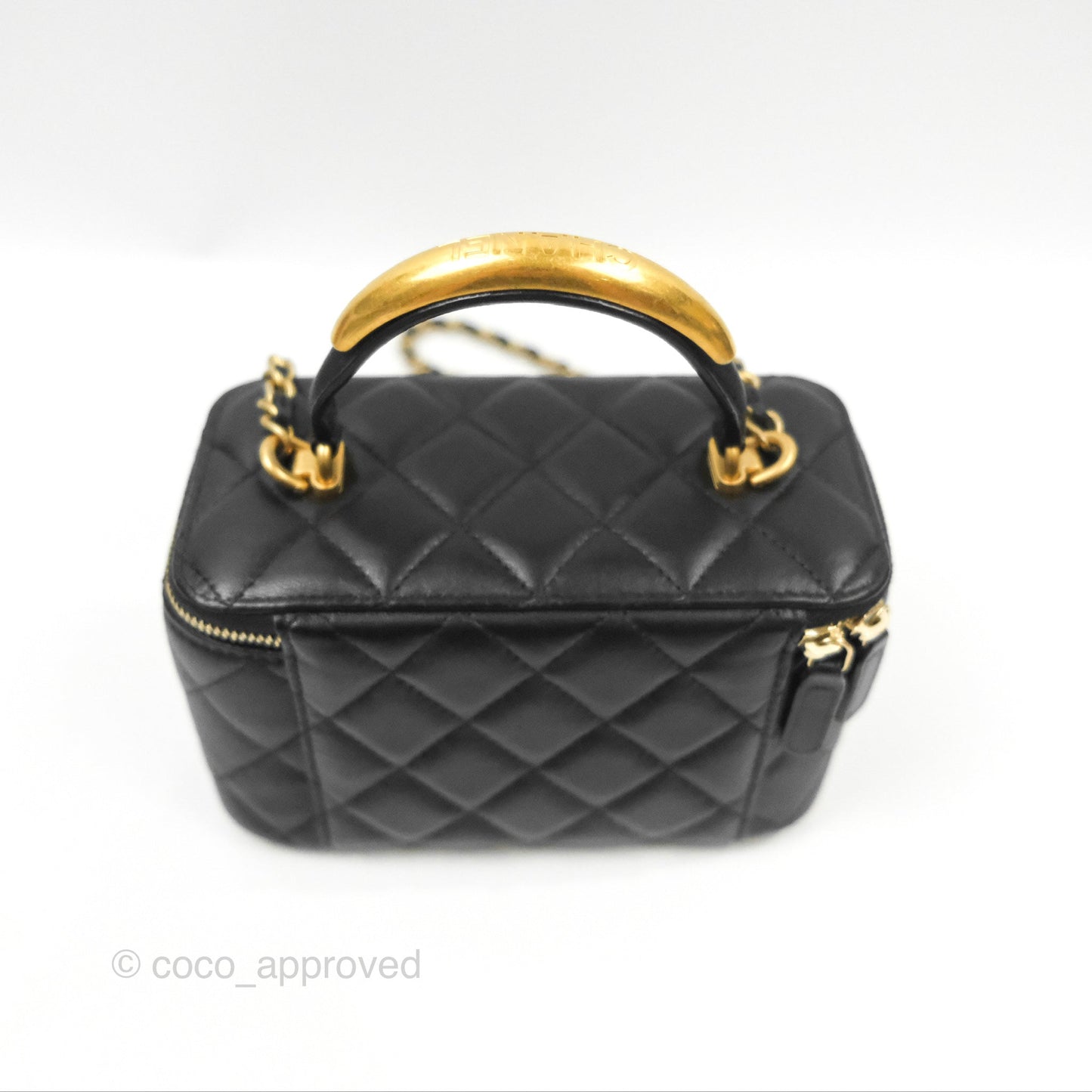 Chanel Vanity Rectangular Metal Top Handle Black Lambskin Aged Gold Hardware 22B