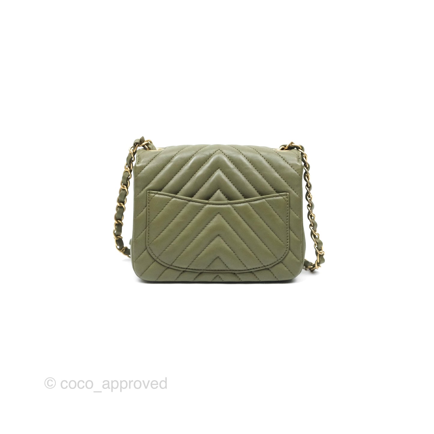Chanel Mini Square Flap Chevron Olive Green Calfskin Gold Hardware