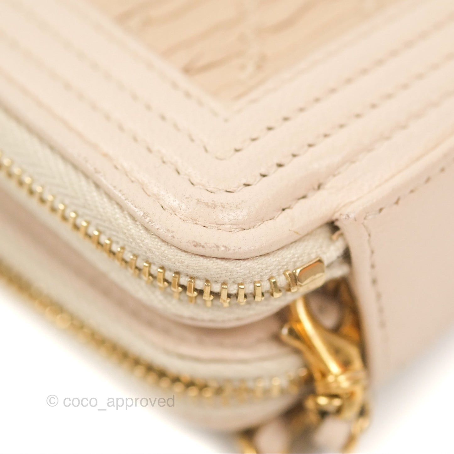 Chanel Boy Double Zip Clutch On Chain Chevron Pale Beige Aged Gold Hardware