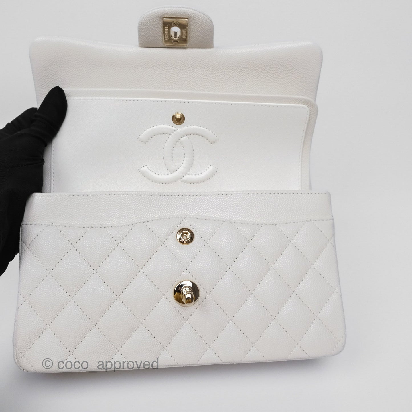 Chanel Small Classic Flap Quilted Ivory White Caviar Gold Hardware
