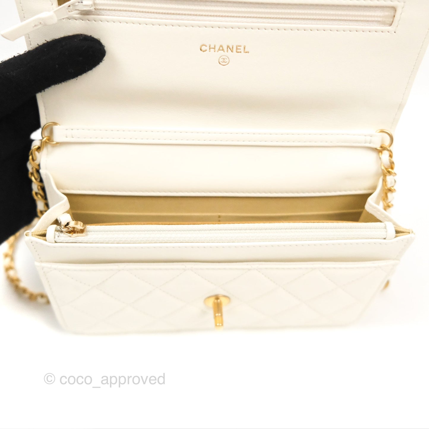Chanel Quilted Pearl Crush Wallet on Chain WOC White Lambskin Aged Gold Hardware