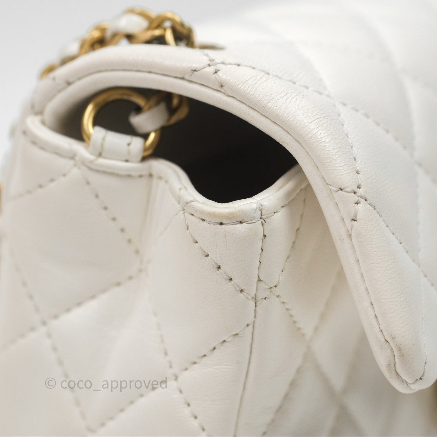 Chanel Mini Rectangular Pearl Crush Quilted White Lambskin Aged Gold Hardware