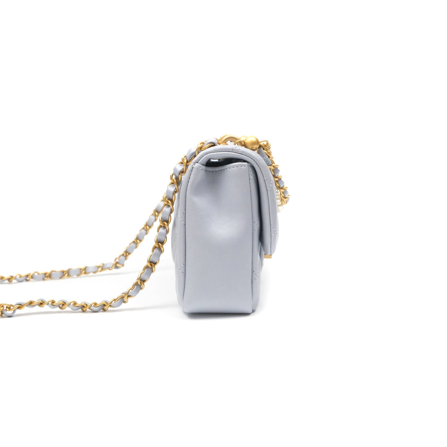 Chanel Pearl Chain Mini Flap Bag Pearly Light Blue Lambskin Aged Gold Hardware 24P