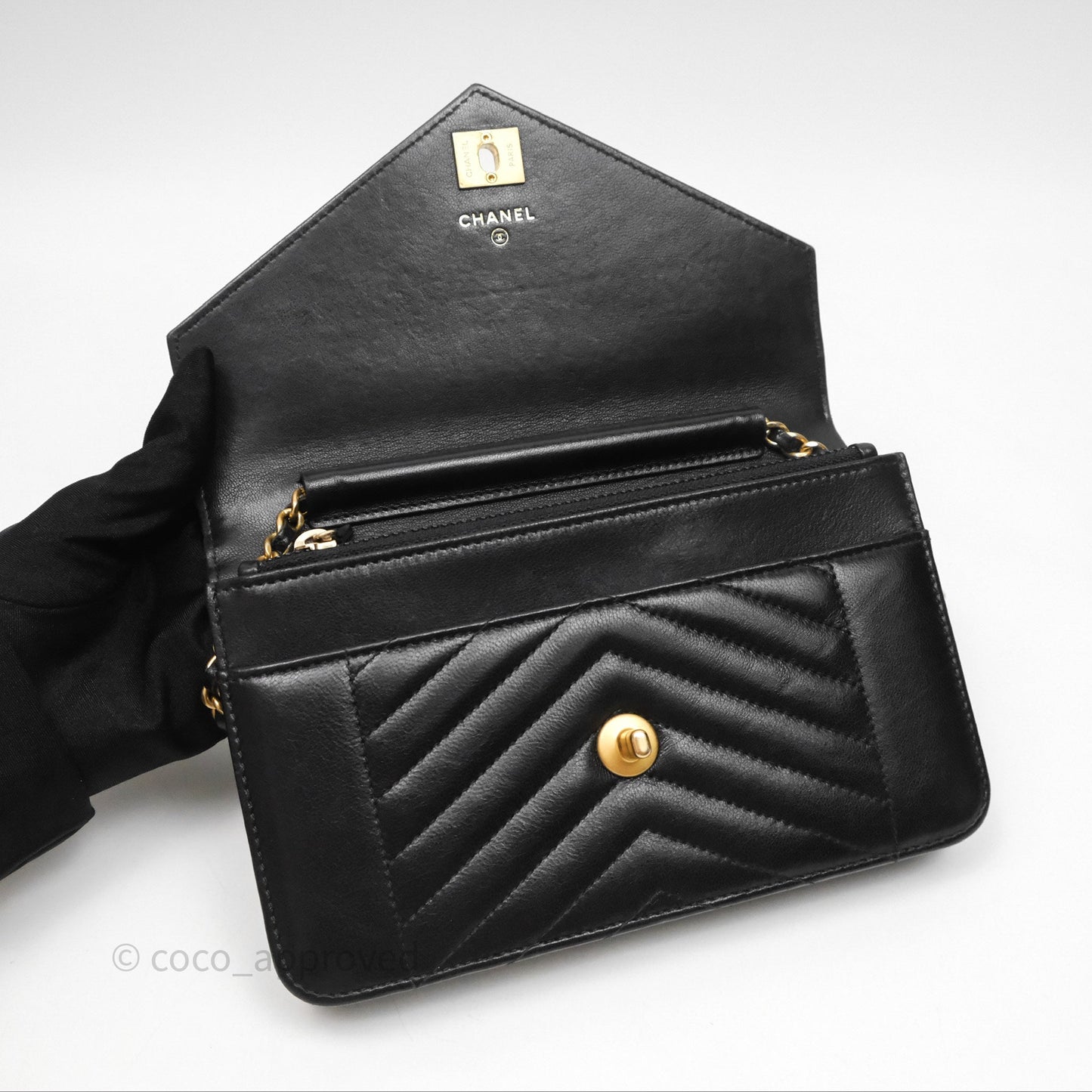 Chanel Reversed Chevron Wallet On Chain WOC Black Lambskin Aged Gold Hardware