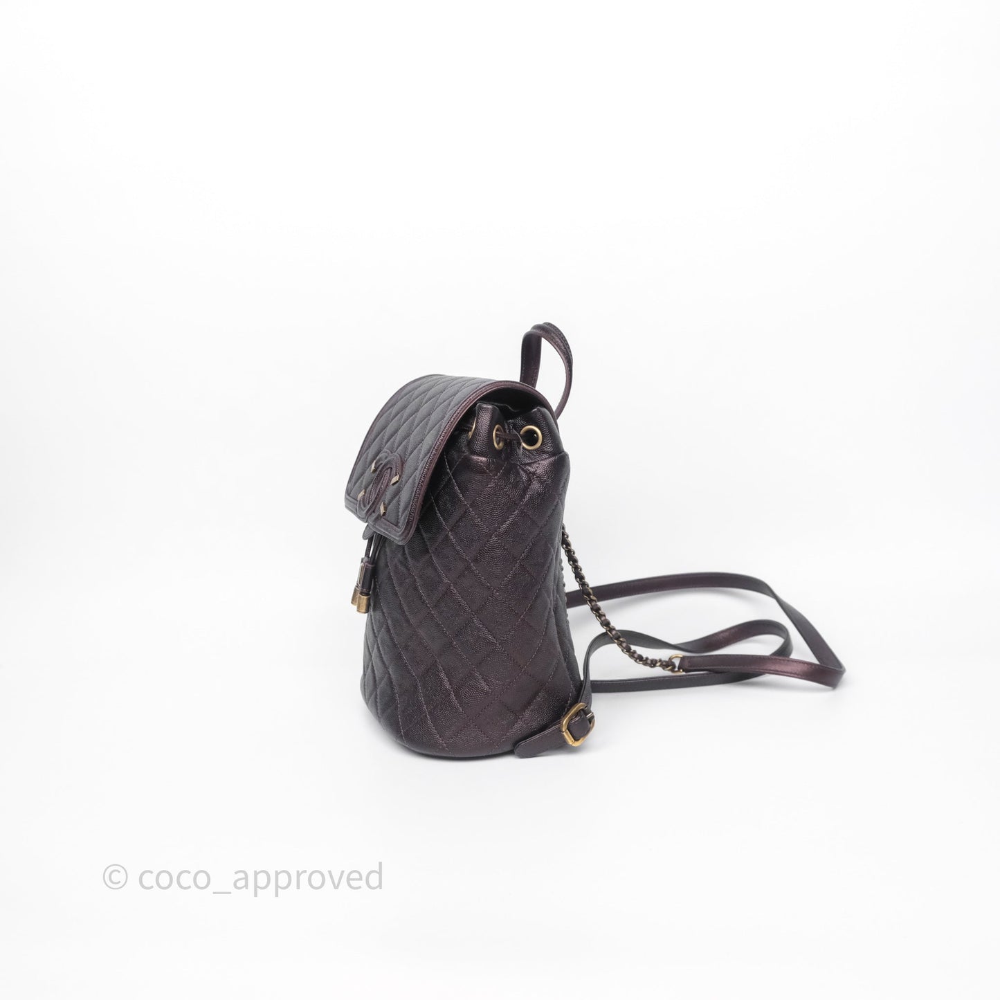 Chanel Quilted Filigree Backpack Iridescent Burgundy Caviar Aged Gold Hardware