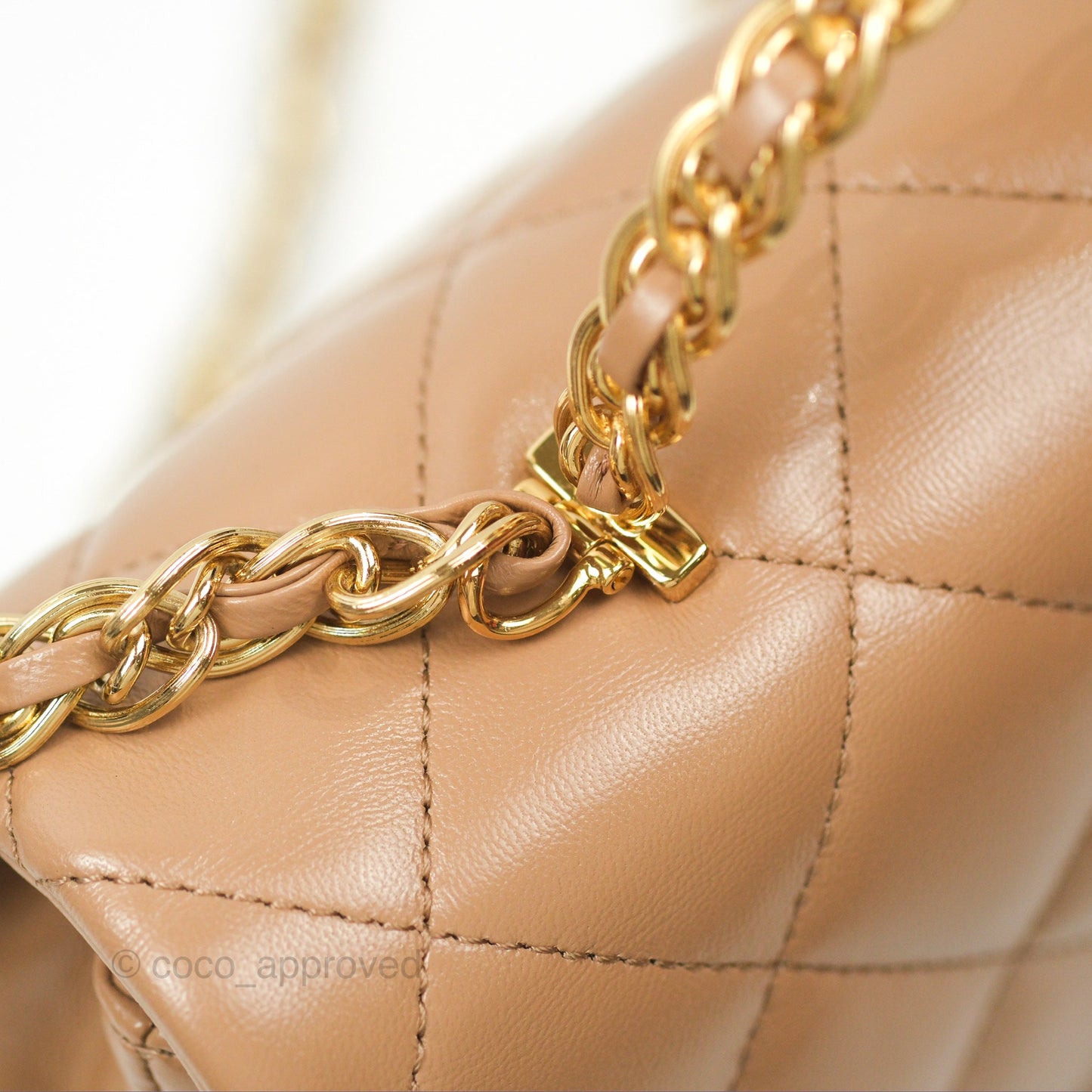 Chanel Top Handle Flap Bag Beige Shiny Lambskin Gold Hardware 23A