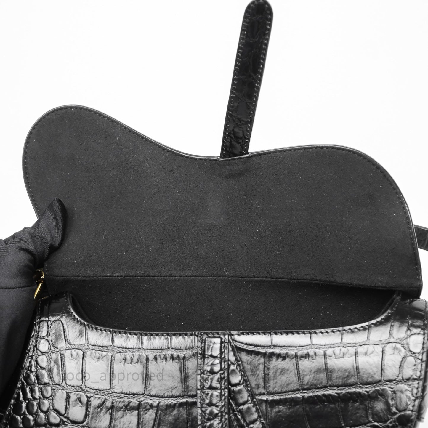Christian Dior Saddle Bag Black Shiny Crocodile Gold Hardware