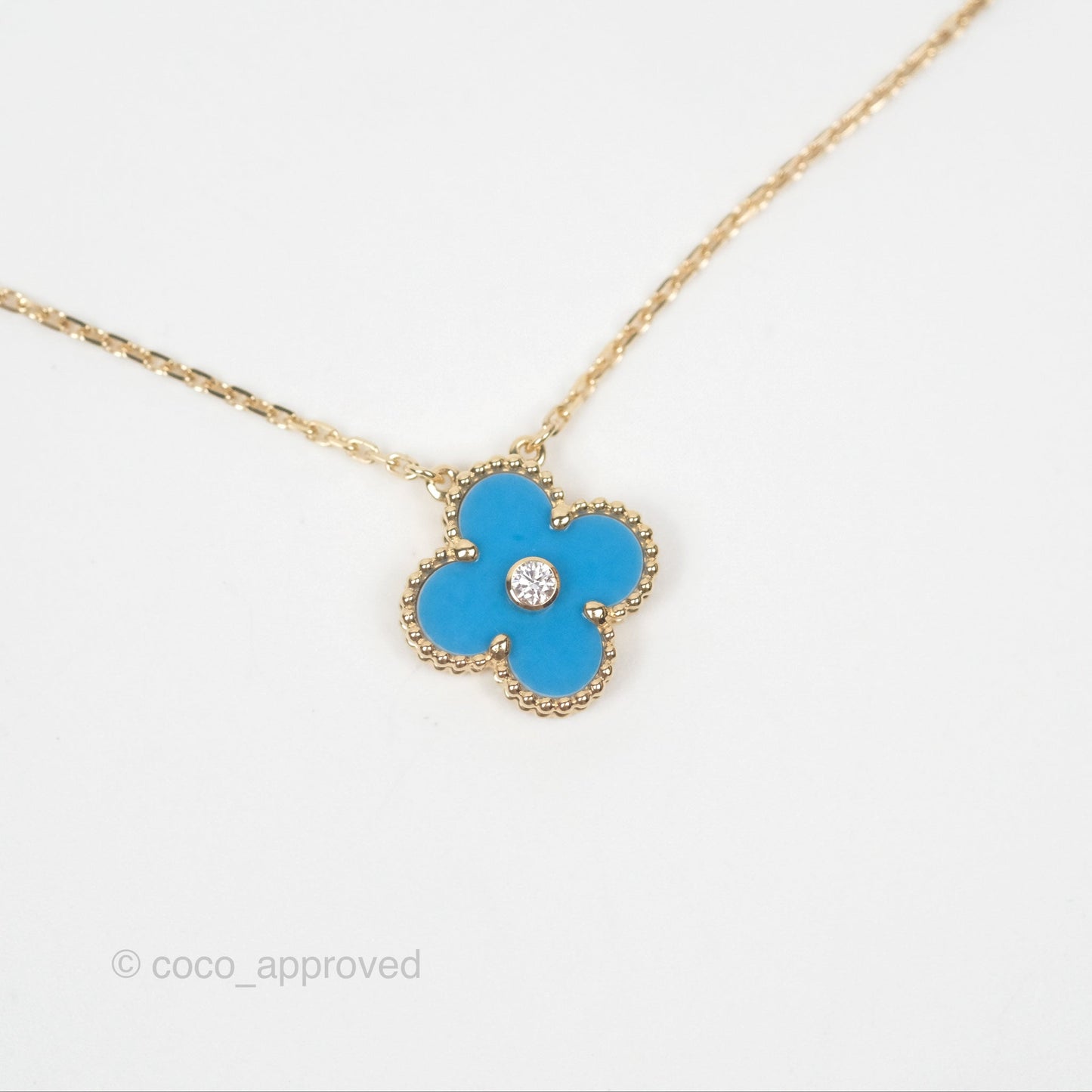 Van Cleef & Arpels Vintage Alhambra Holiday Pendant Blue Porcelain Diamond Yellow Gold