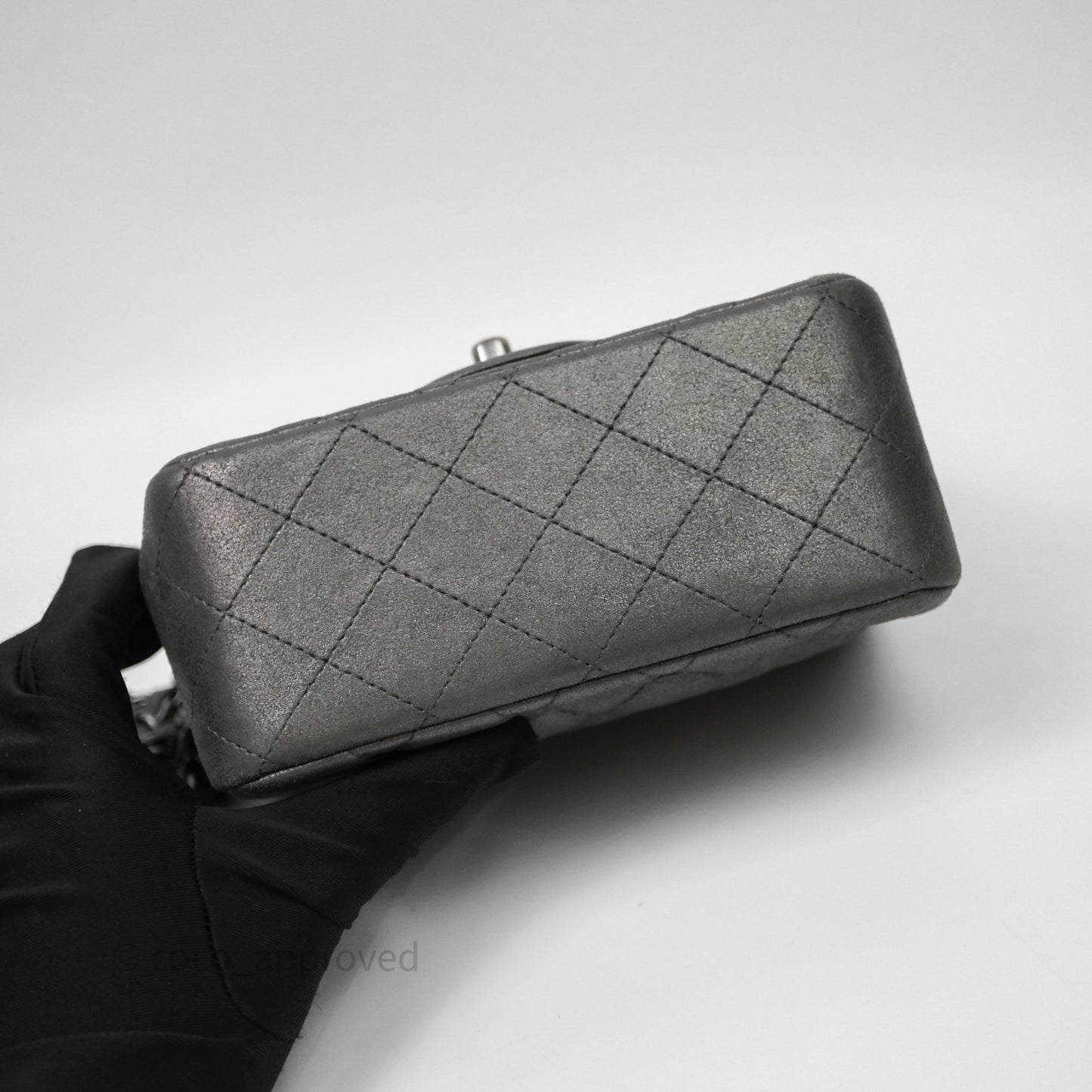 Chanel Mini Square Iridescent Grey Suede Gun Metal Hardware