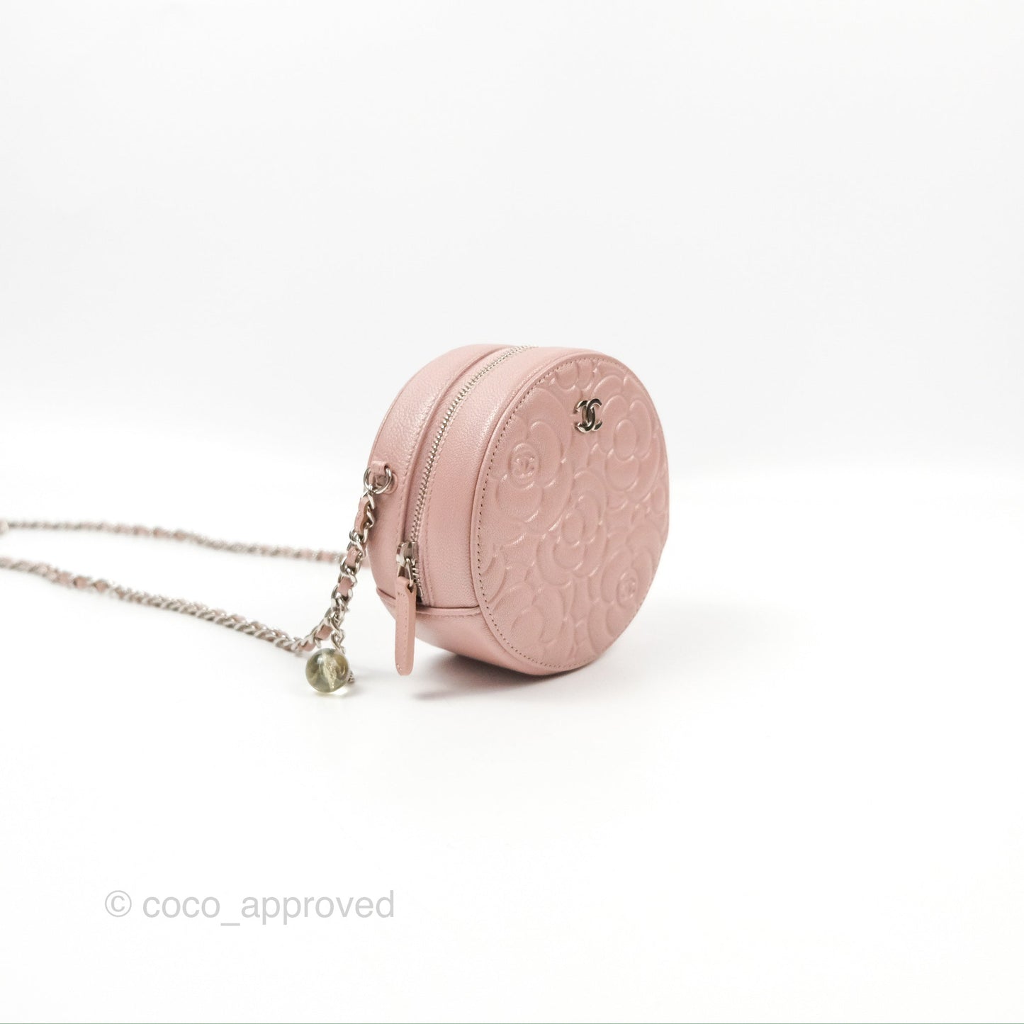 Chanel Camellia Embossed Round Clutch With Chain Iridescent Light Pink Goatskin Silver Hardware