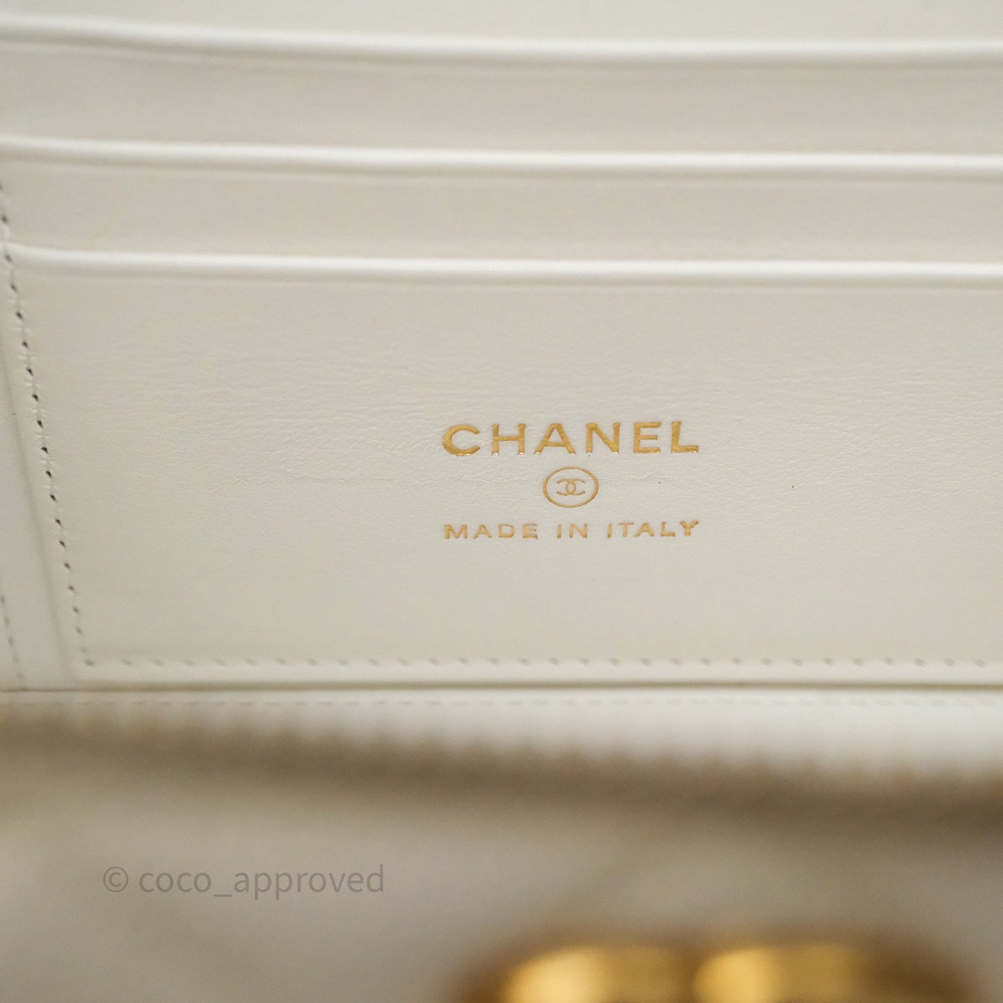 Chanel Logo Top Handle Vanity Rectangular White Caviar Aged Gold Hardware
