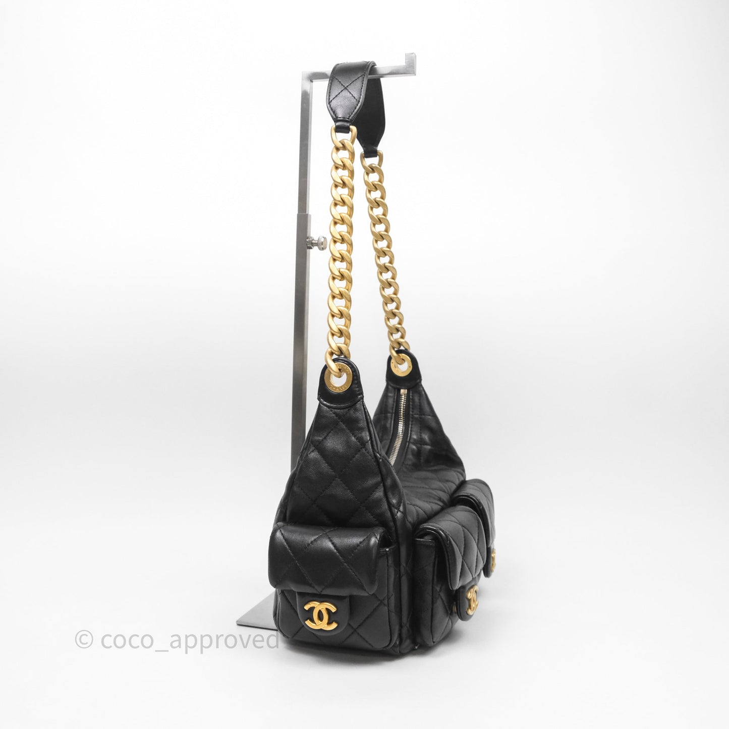 Chanel Small Quilted Trendy Double Pocket Hobo Black Lambskin Gold Hardware