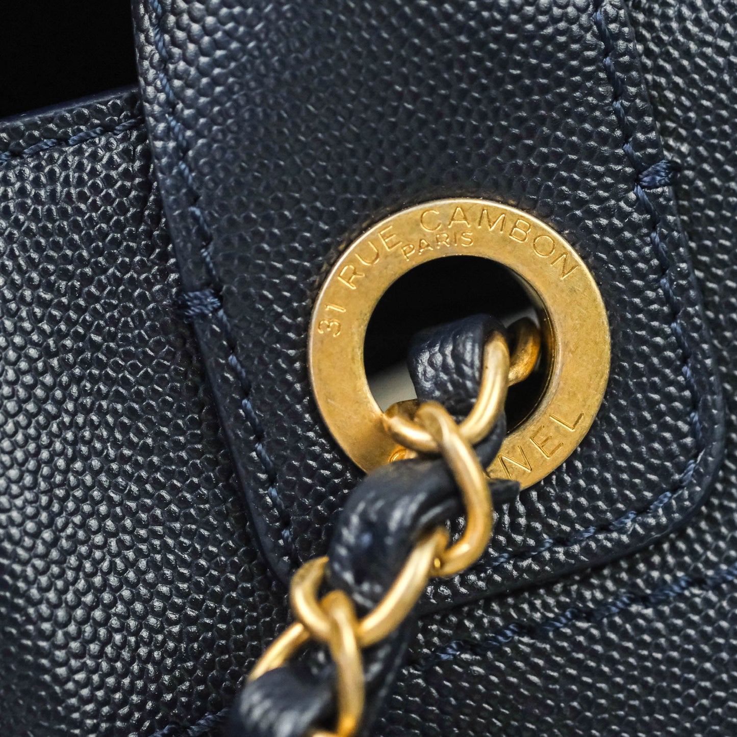Chanel Medium Studded Navy Caviar Deauville Shopping Bag Aged Gold Hardware