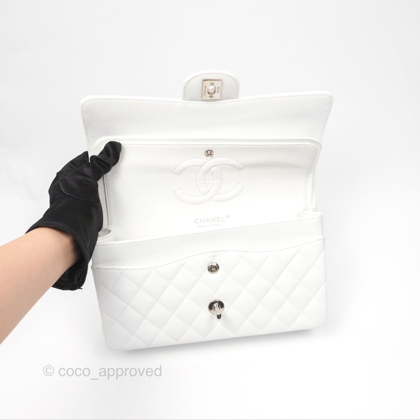 Chanel Classic M/L Medium Flap Quilted White Caviar Silver Hardware