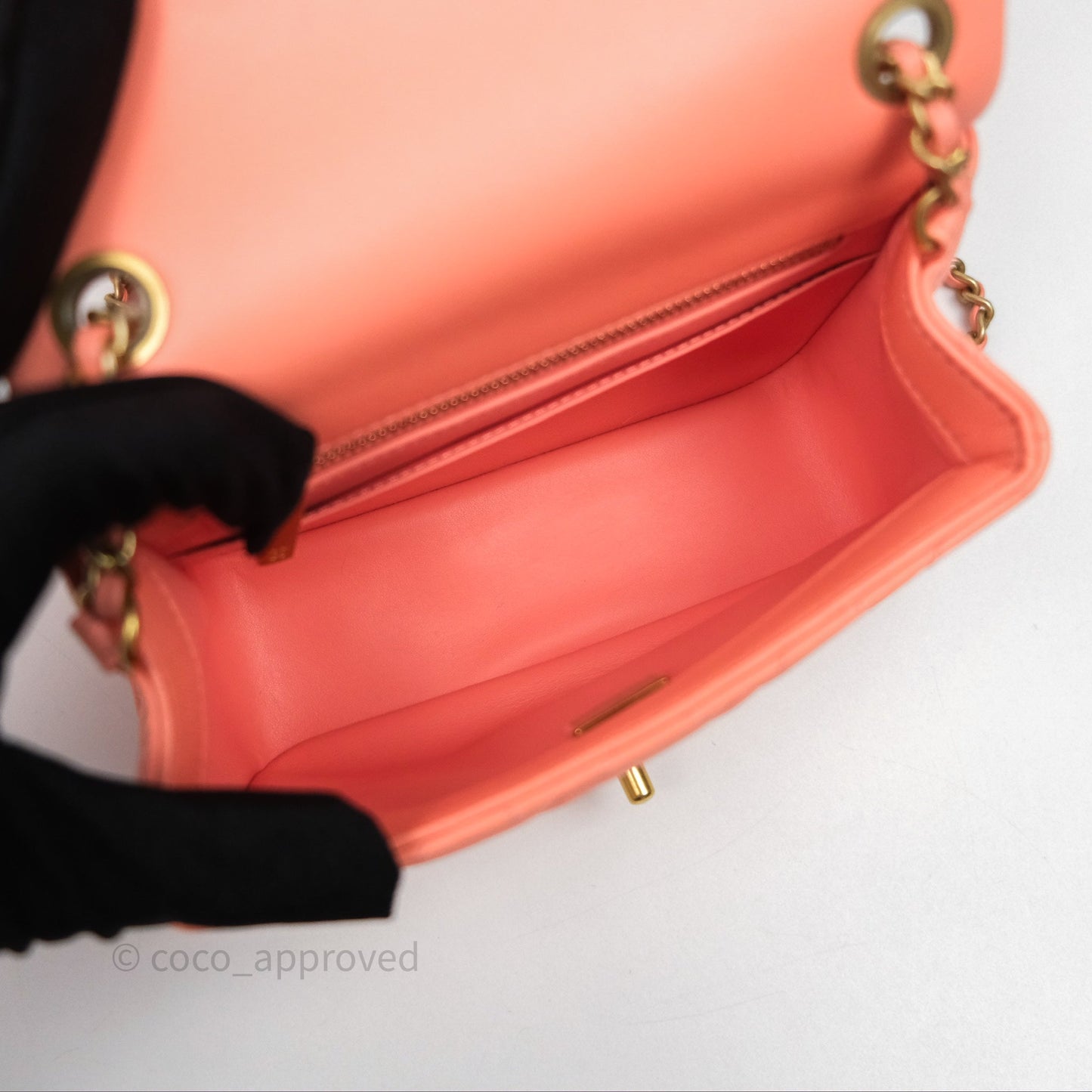 Chanel Pearl Crush Mini Square Quilted Peachy Pink Lambskin Aged Gold Hardware
