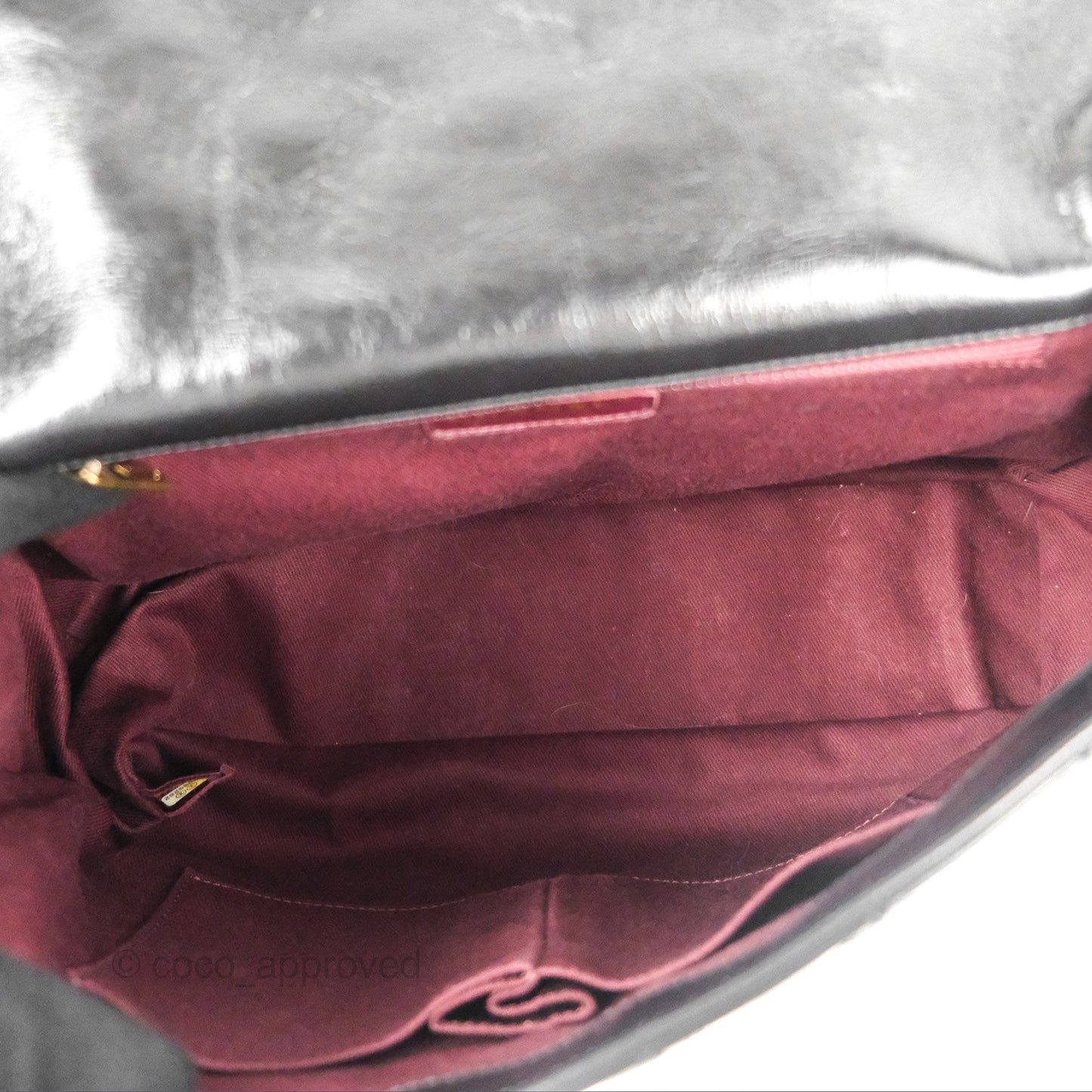 Chanel Large Castle Rock Flap Bag Black Glazed Aged Calfskin Burgundy Handle