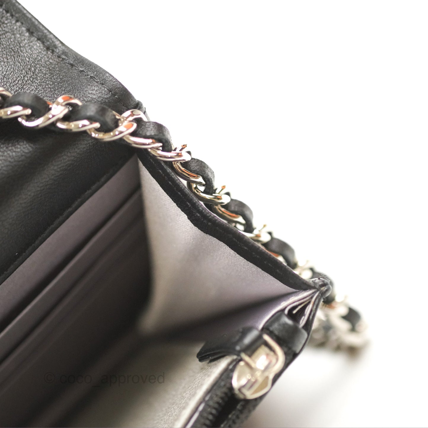 Chanel Camellia Embossed Wallet on Chain WOC Black Lambskin Silver Hardware
