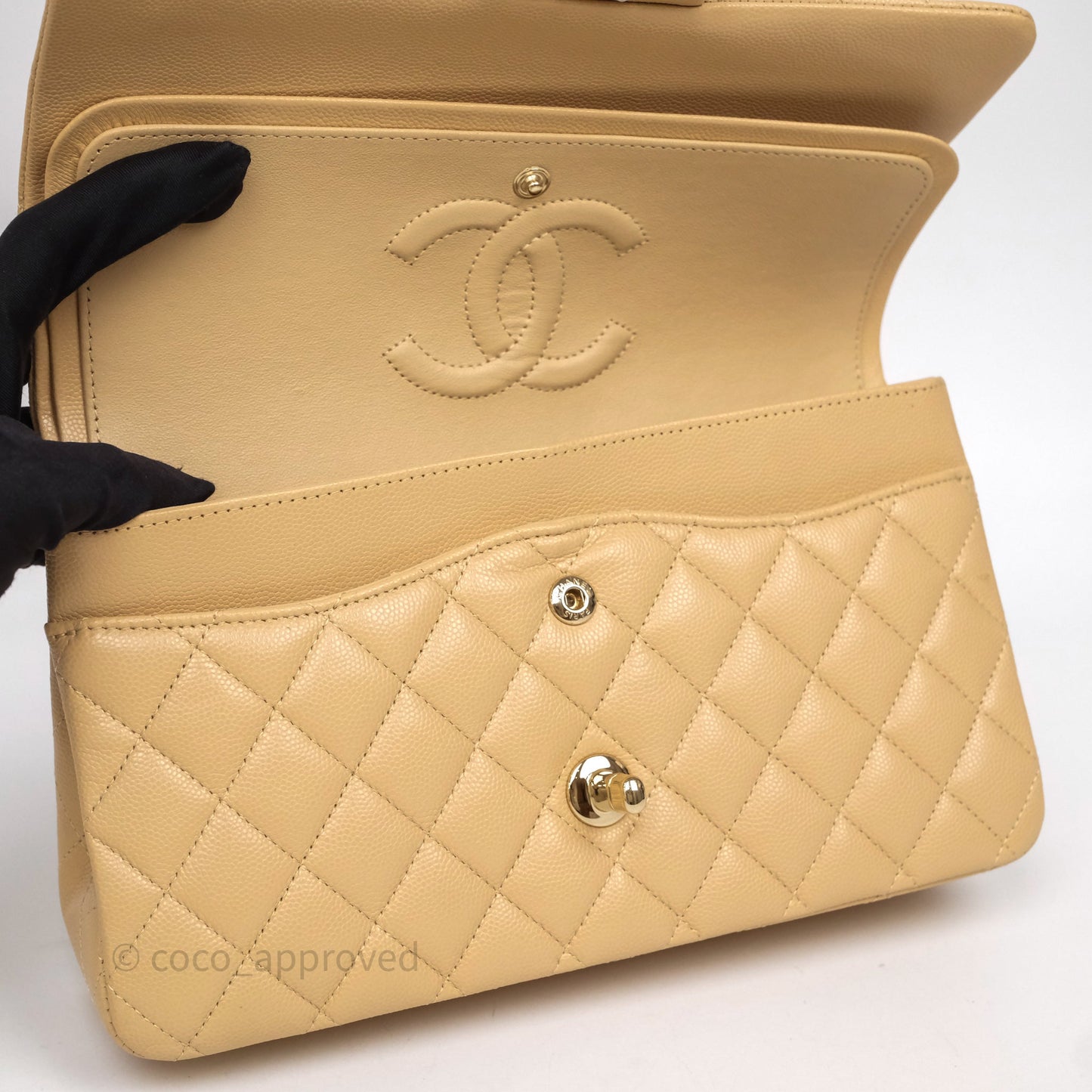 Chanel Classic M/L Medium Flap Quilted Beige Caviar Gold Hardware