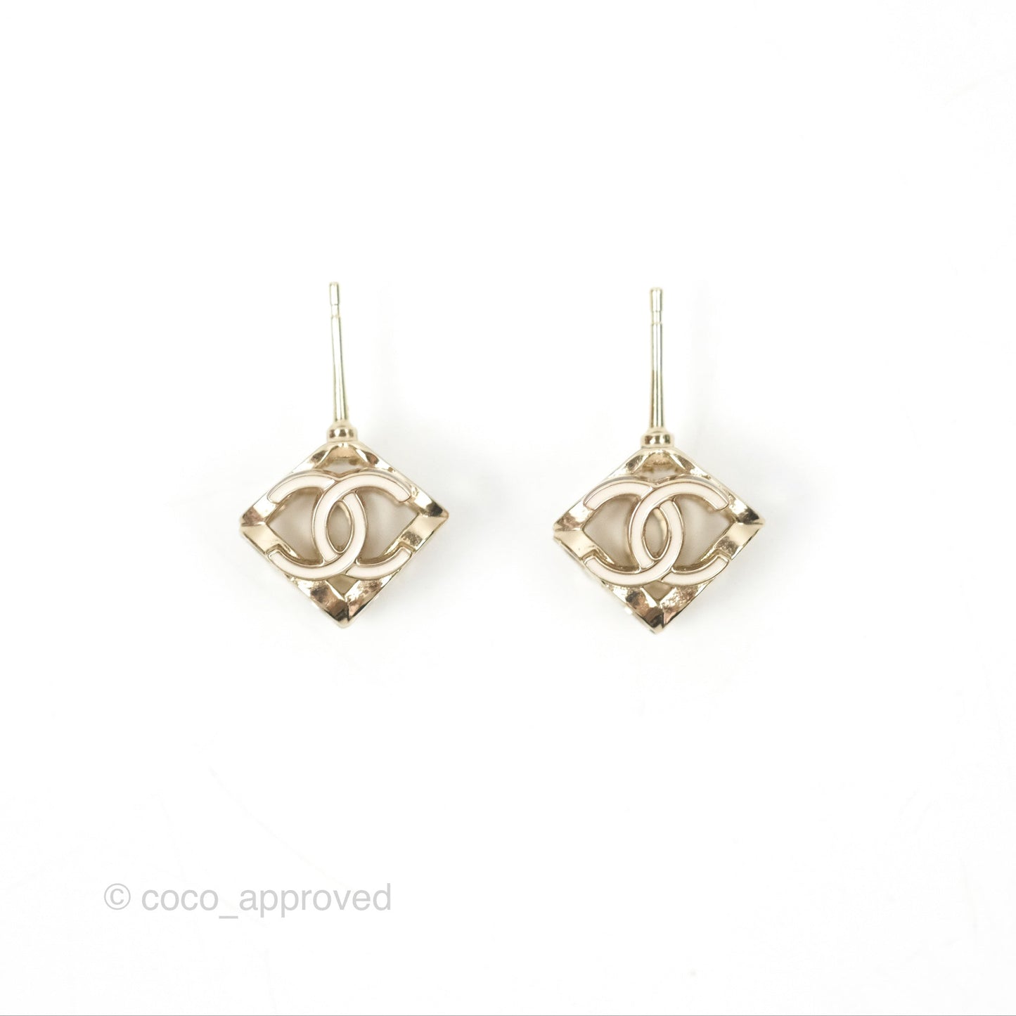 Chanel CC Gold/White Cube Earrings Gold Tone 22K