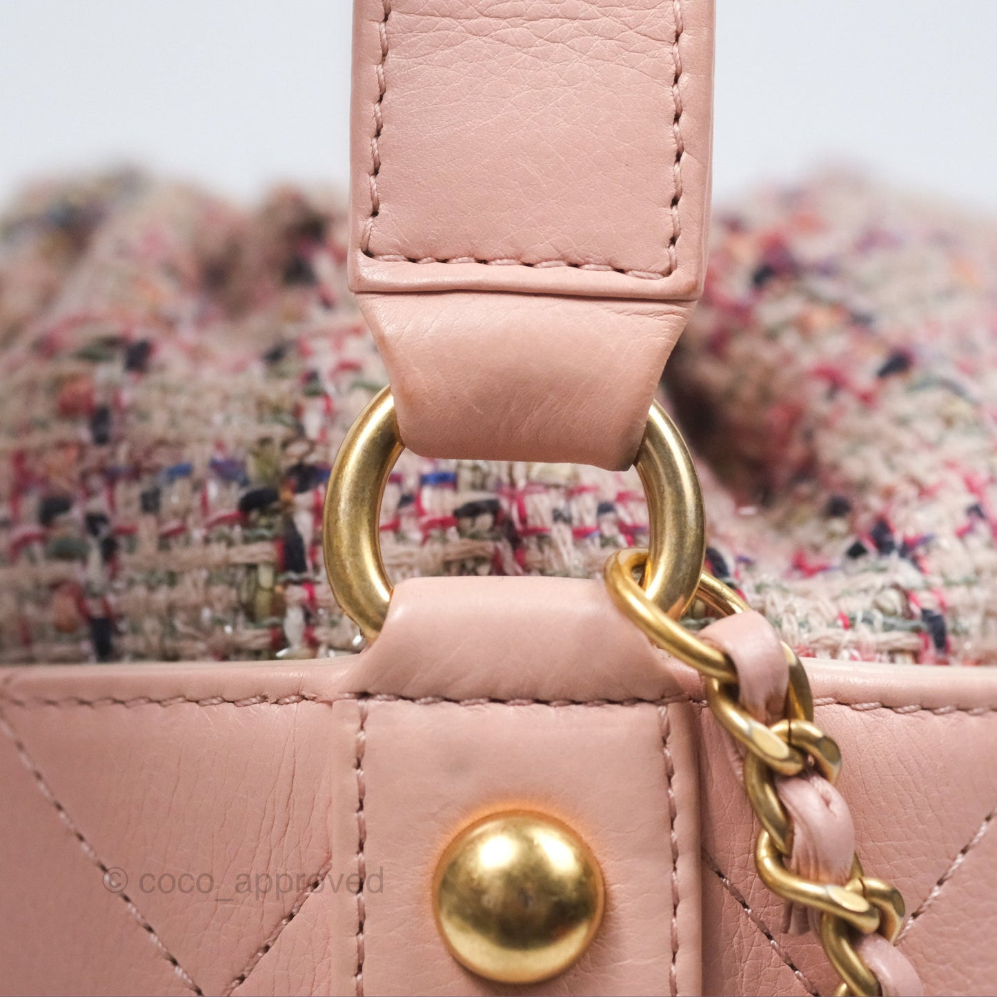 Chanel Quilted Top Handle Drawstring Bucket Bag Calfskin Tweed Pink Aged Gold Hardware