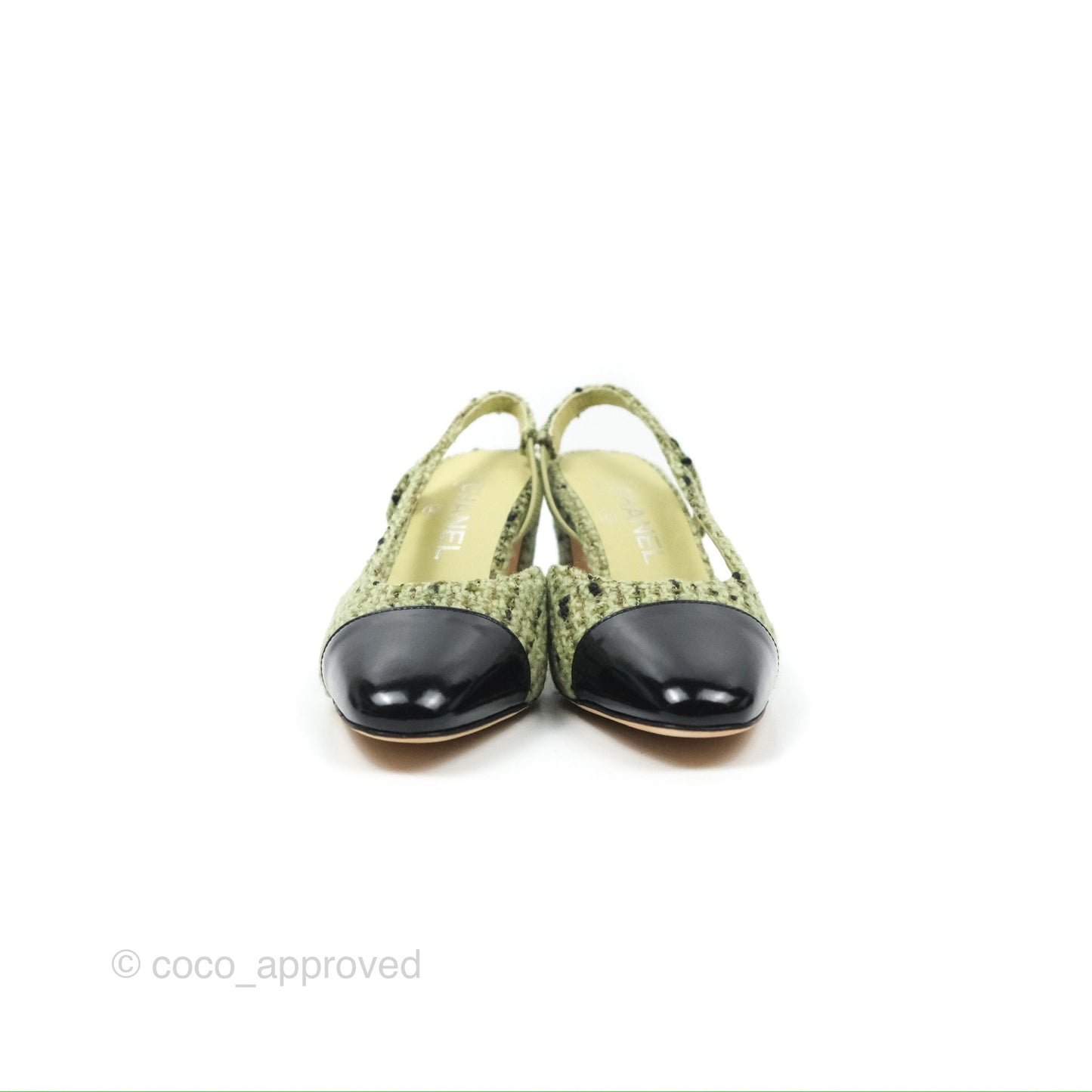 Chanel Classic Slingback Pumps Tweed Patent Green Black