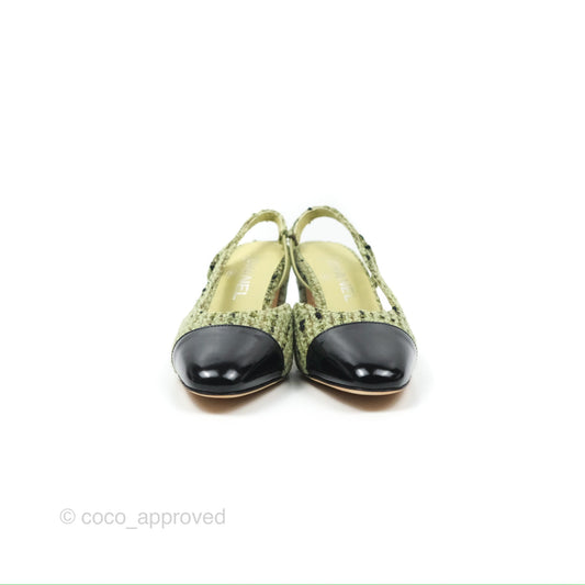 Chanel Classic Slingback Pumps Tweed Patent Green Black