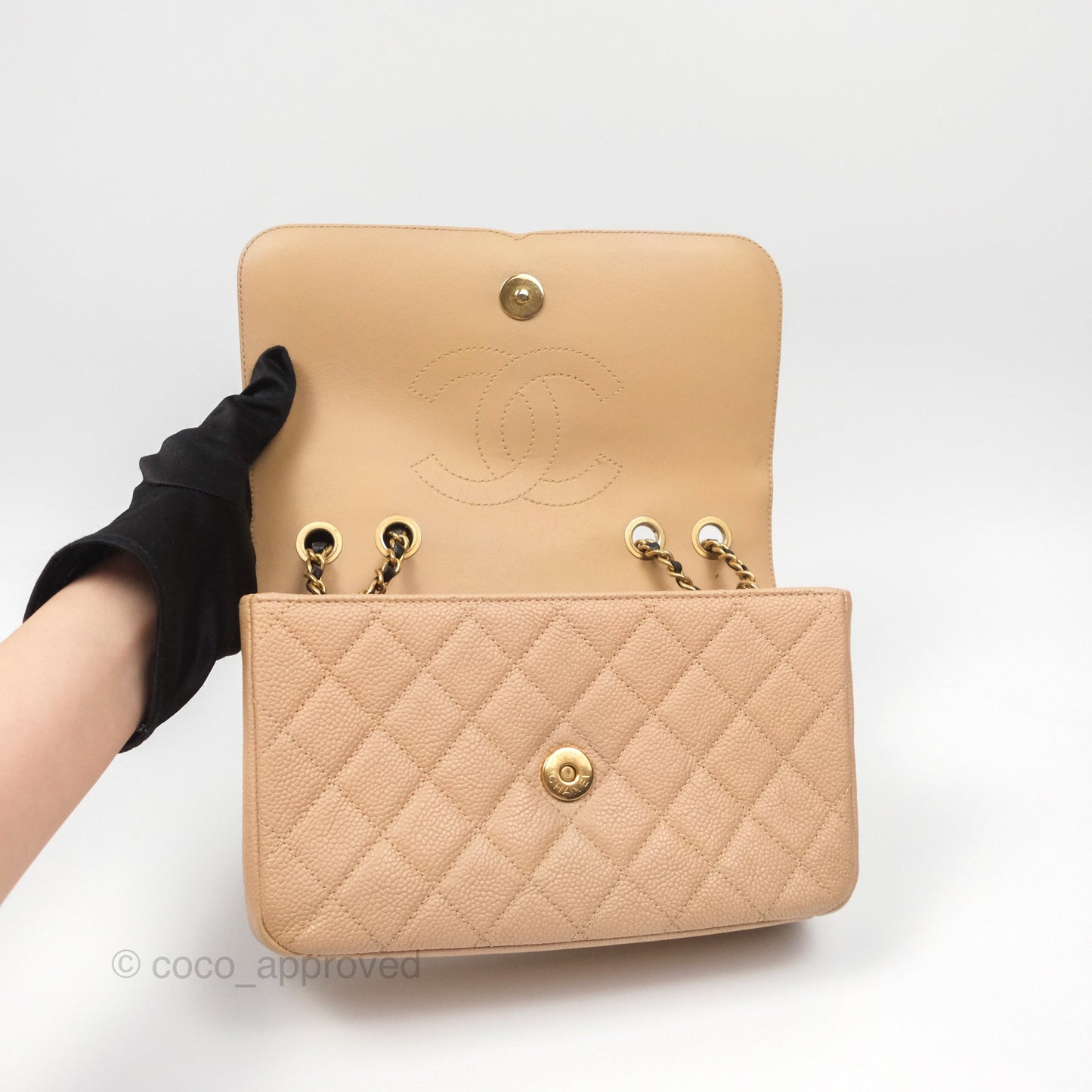 Chanel Small CC Filigree Flap Quilted Beige Black Caviar