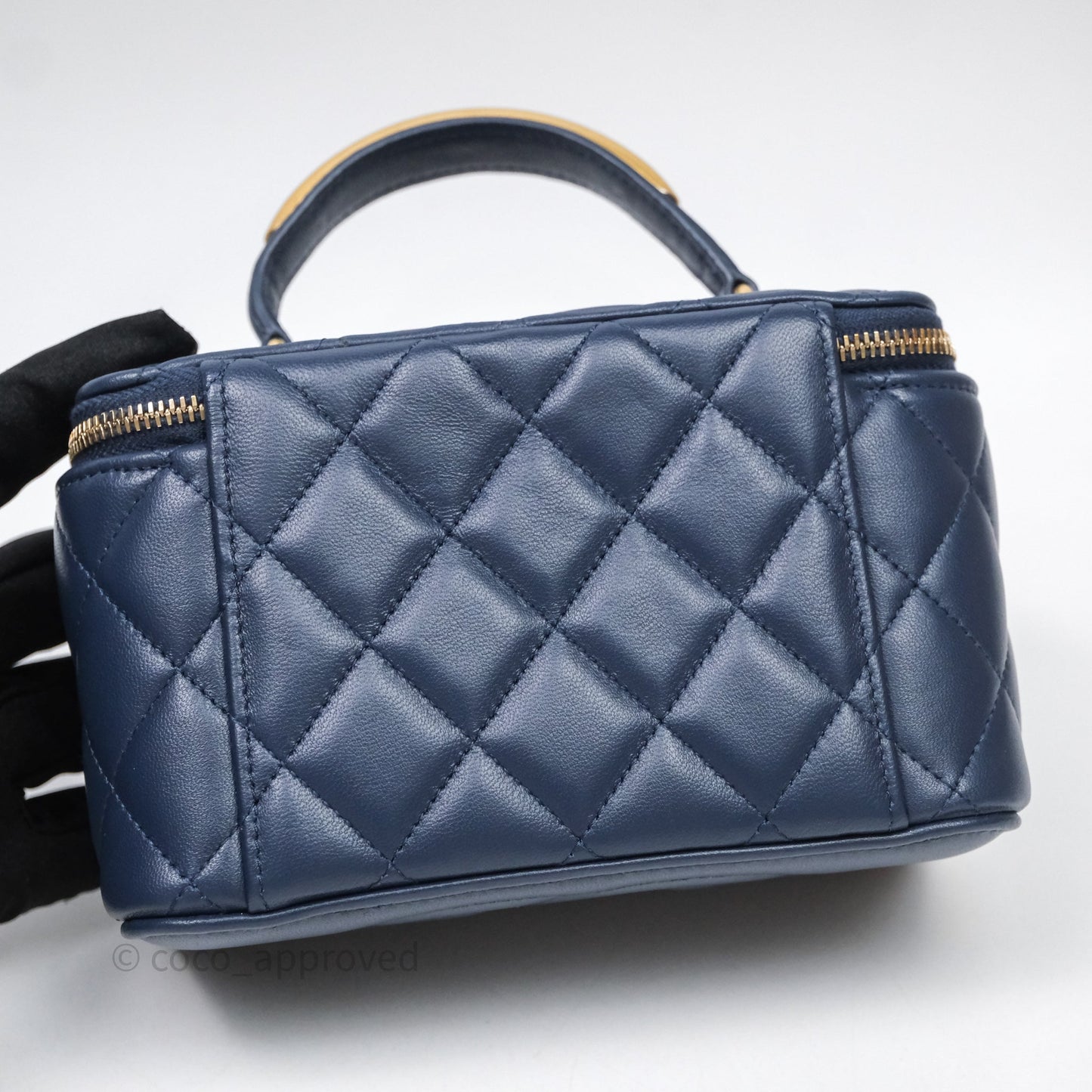 Chanel Vanity Rectangular Metal Top Handle Navy Lambskin Aged Gold Hardware