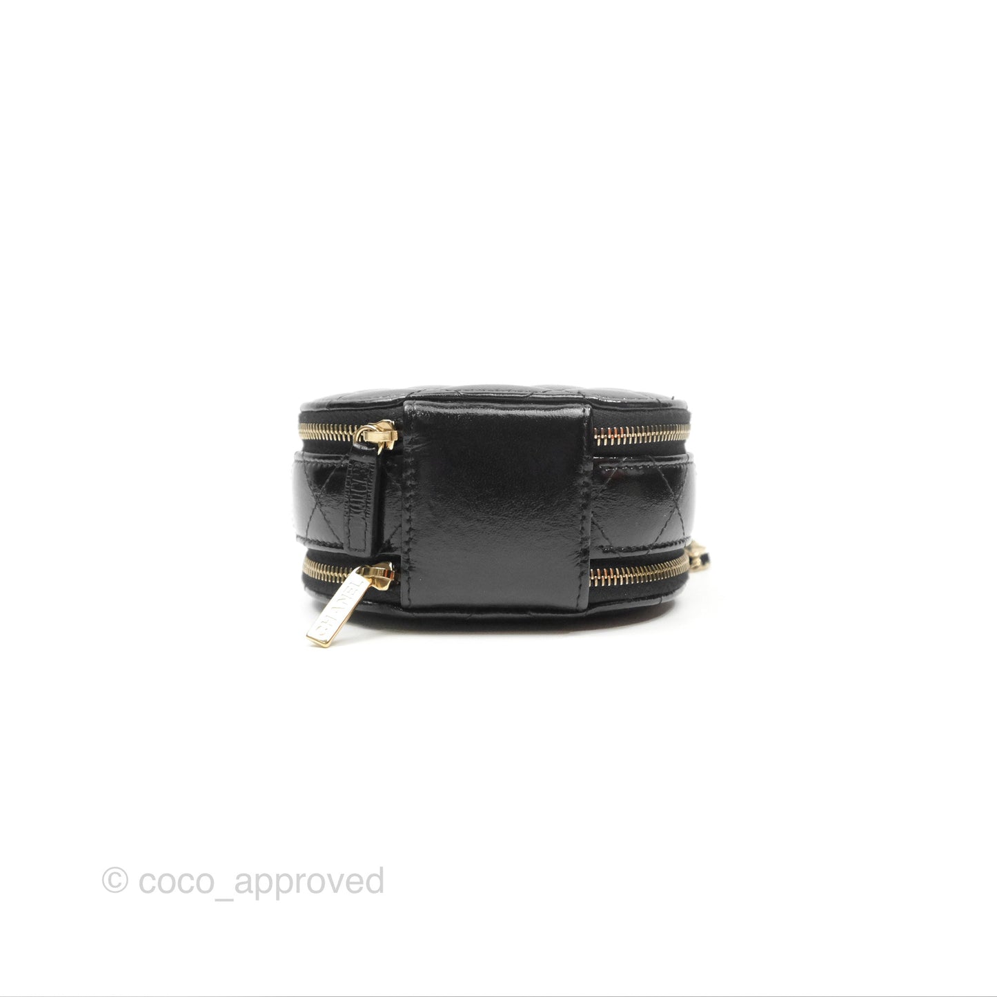 Chanel Mini Round Vanity Bag Handle With Care Black Glazed Lambskin 22C