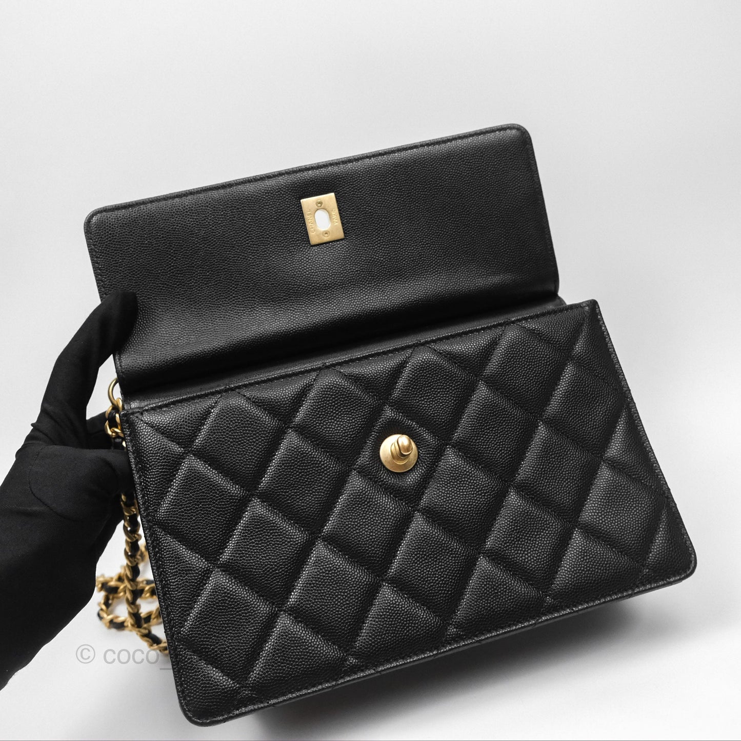 Chanel Chain Flap Bag Black Caviar Aged Gold Hardware 23A