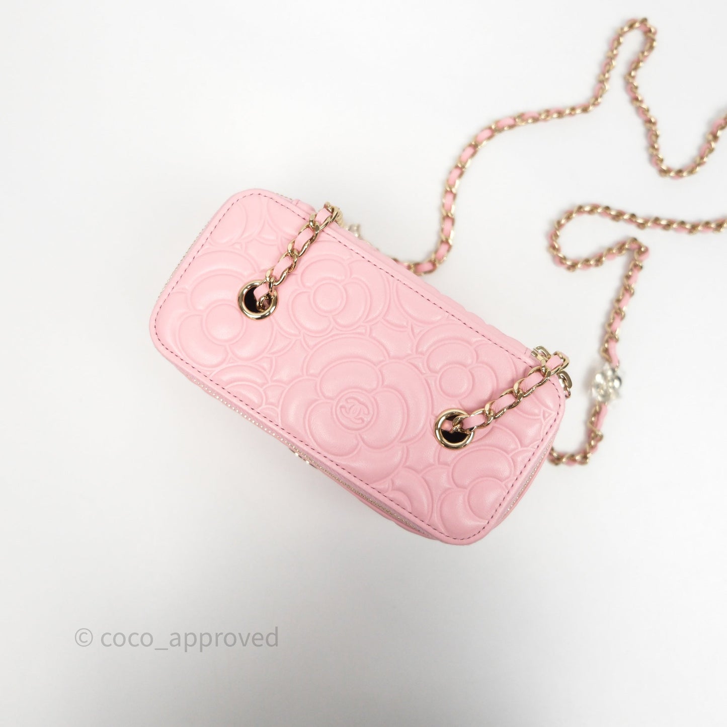Chanel Vanity with Chain Camellia Embossed Pink Lambskin Gold Hardware