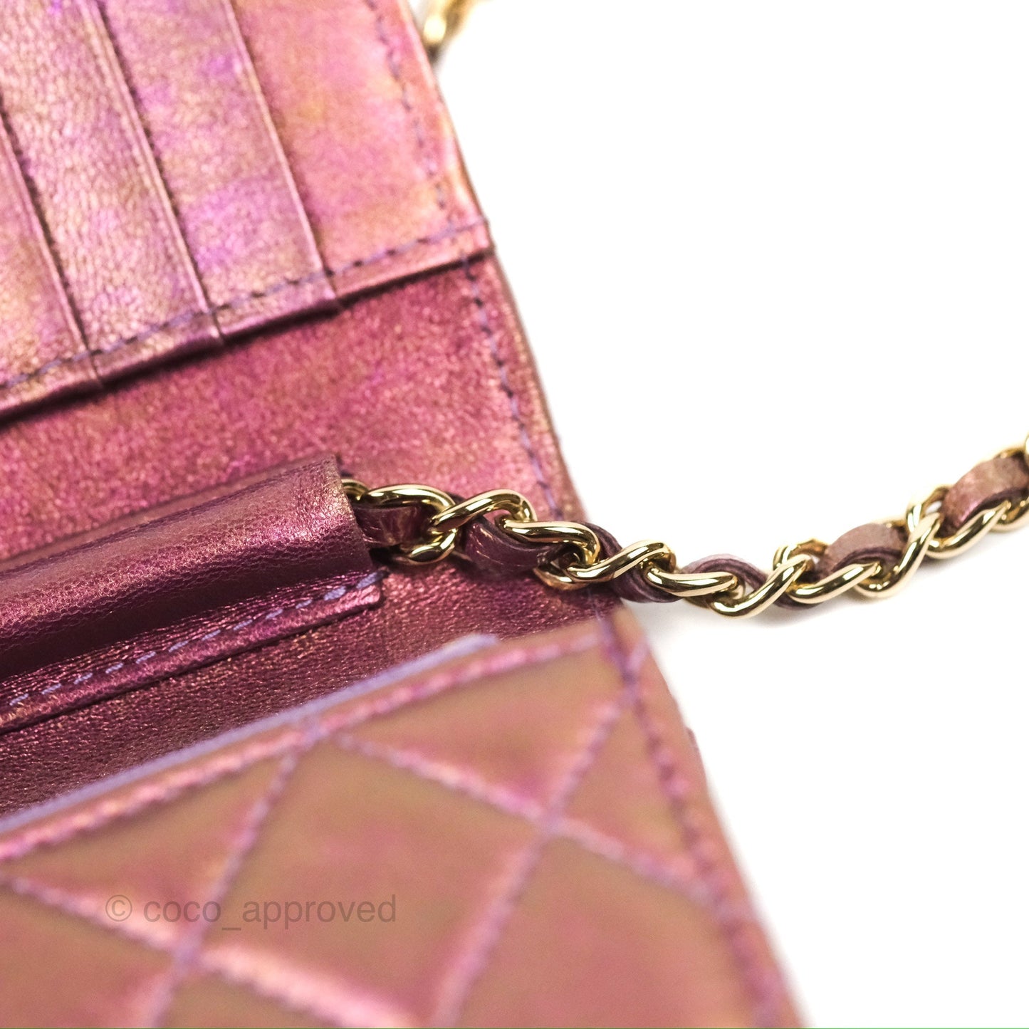 Chanel Quilted Mini Wallet on Chain WOC Iridescent Purple Gold Hardware