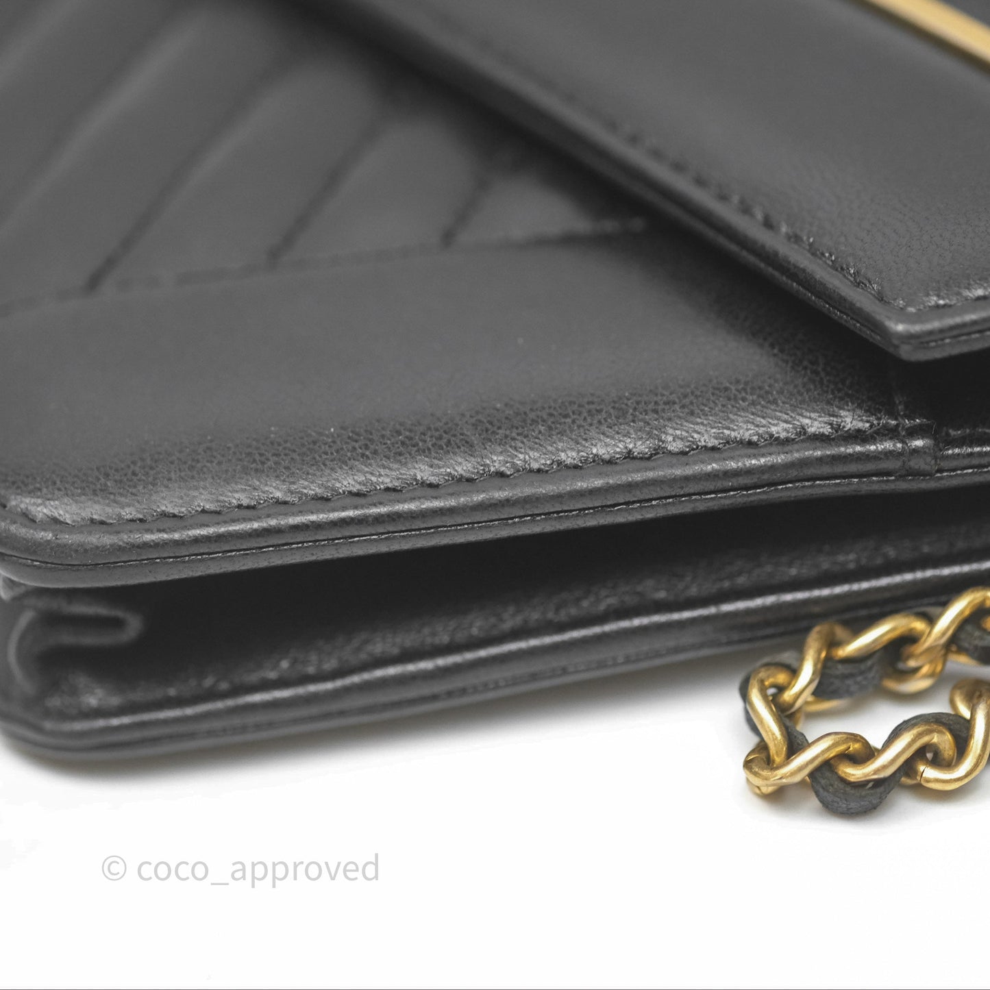 Chanel Reversed Chevron Wallet On Chain WOC Black Lambskin Aged Gold Hardware