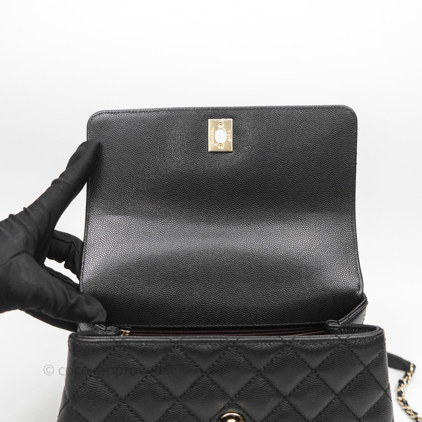 Chanel Mini Coco Handle Quilted Black Caviar Light Gold Hardware Lizard Embossed Handle