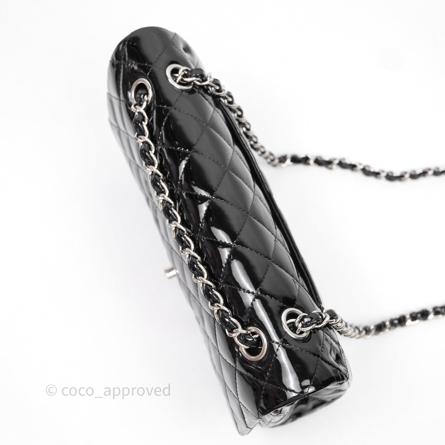 Chanel Medium Classic Flap Quilted Black Patent Silver Hardware