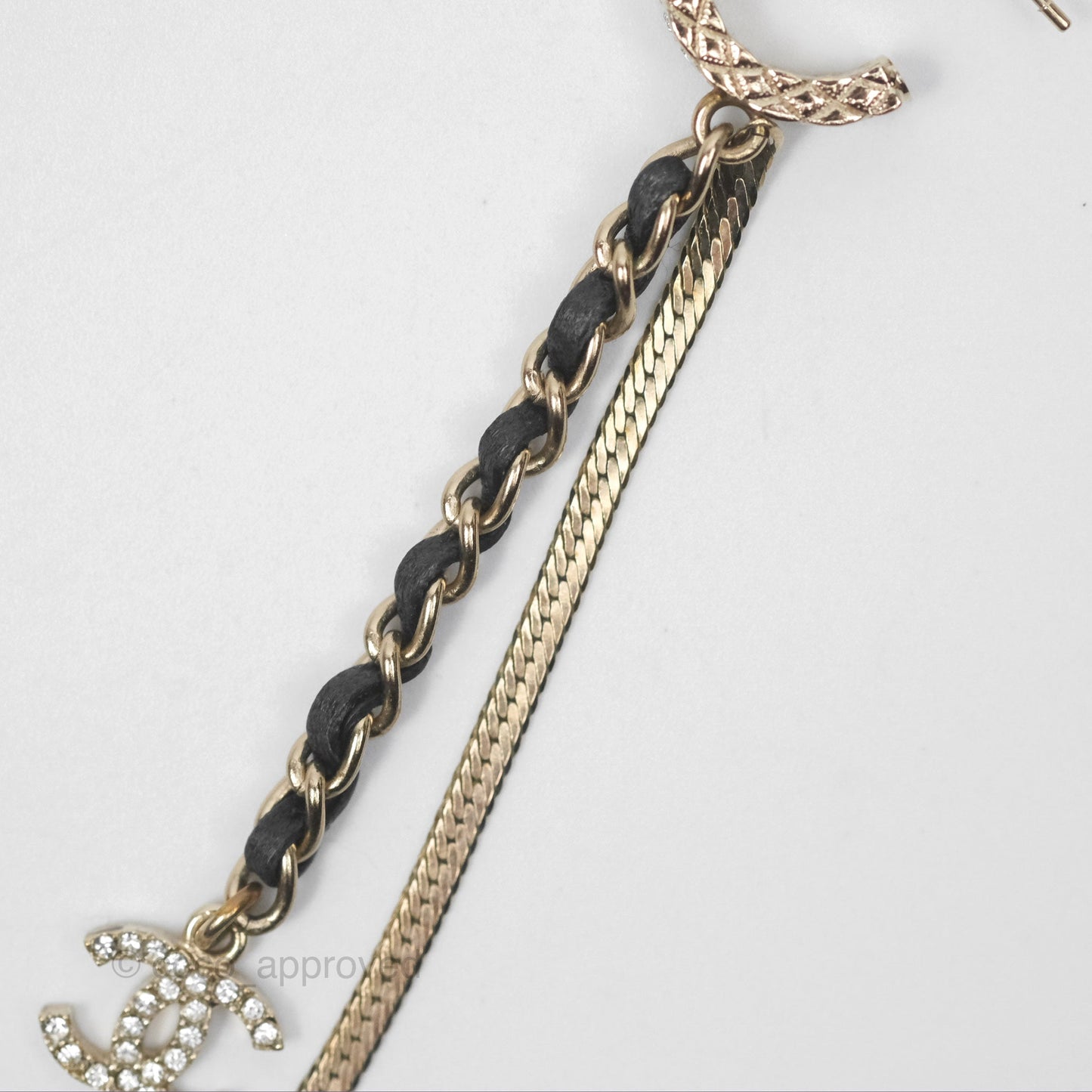 Chanel Crystal CC Braided Leather Chain Long Drop Earrings Gold Tone 22S