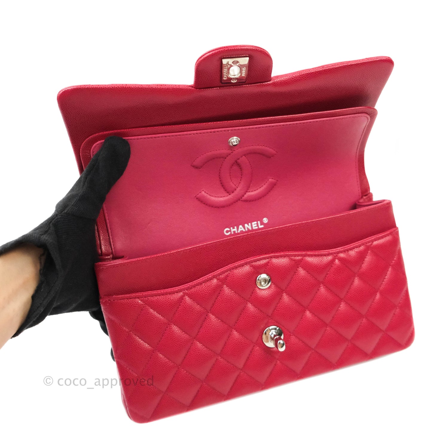 Chanel Classic M/L Medium Double Flap Red Caviar Silver Hardware 18B