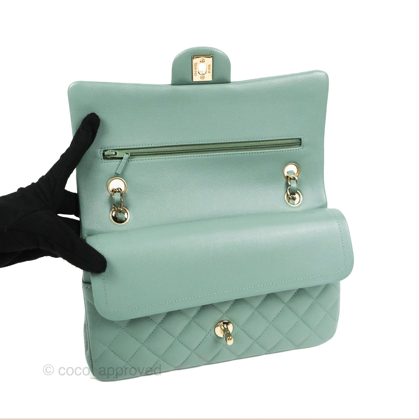 Chanel Classic M/L Medium Flap Quilted Tiffany Green Caviar Gold Hardware