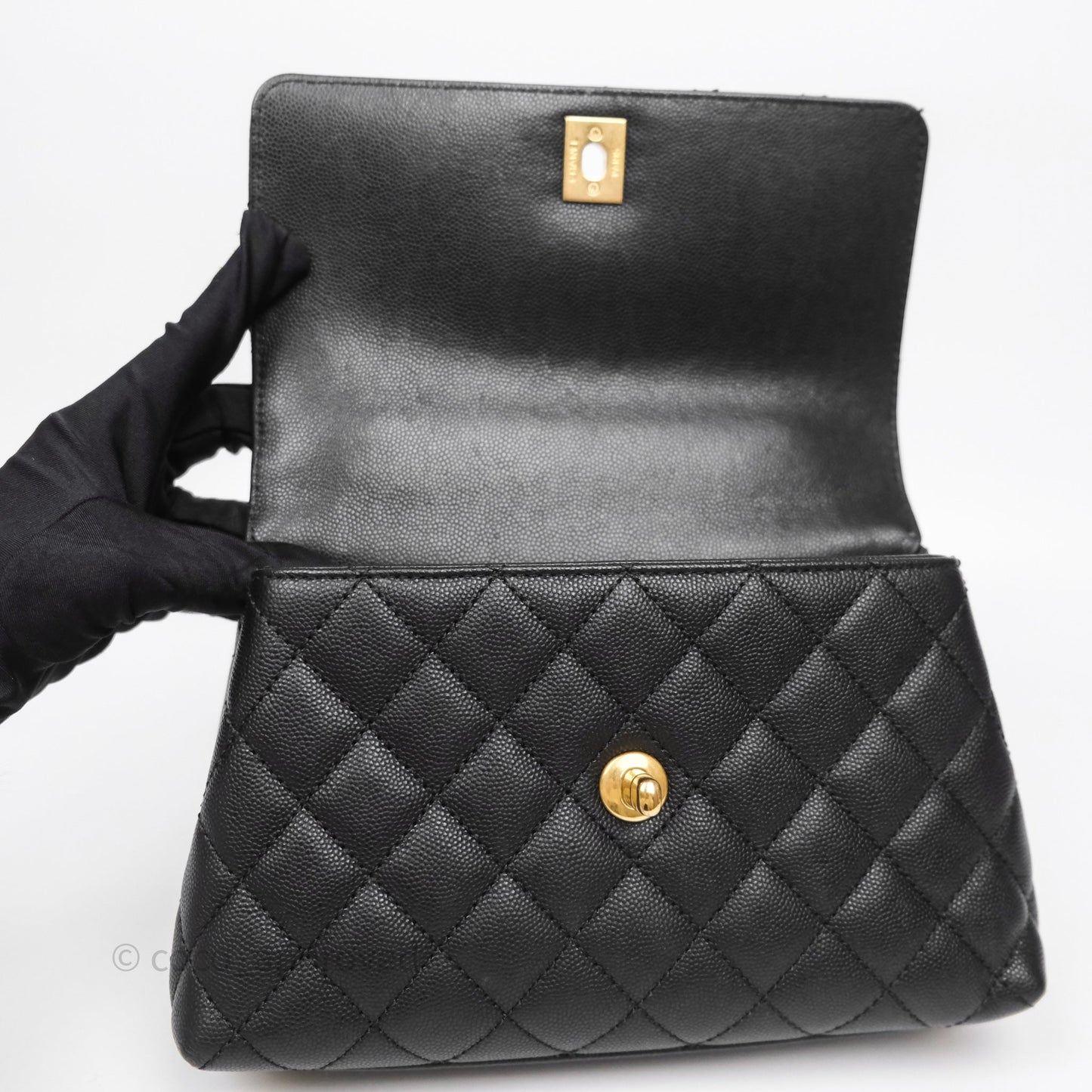 Chanel Small Coco Handle Black Caviar Aged Gold Hardware Braided Handle