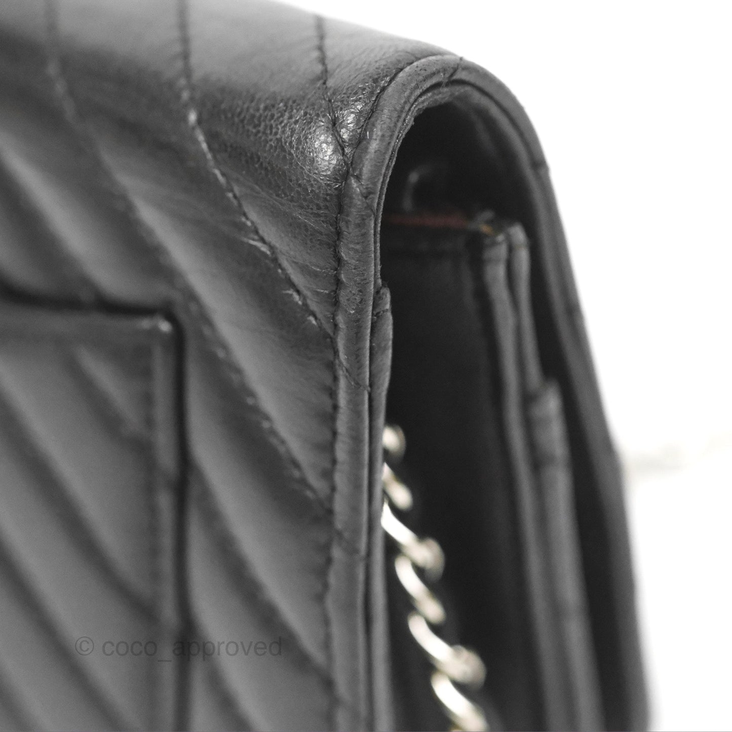 Chanel Classic Chevron Wallet on Chain WOC Black Lambskin Silver Hardware