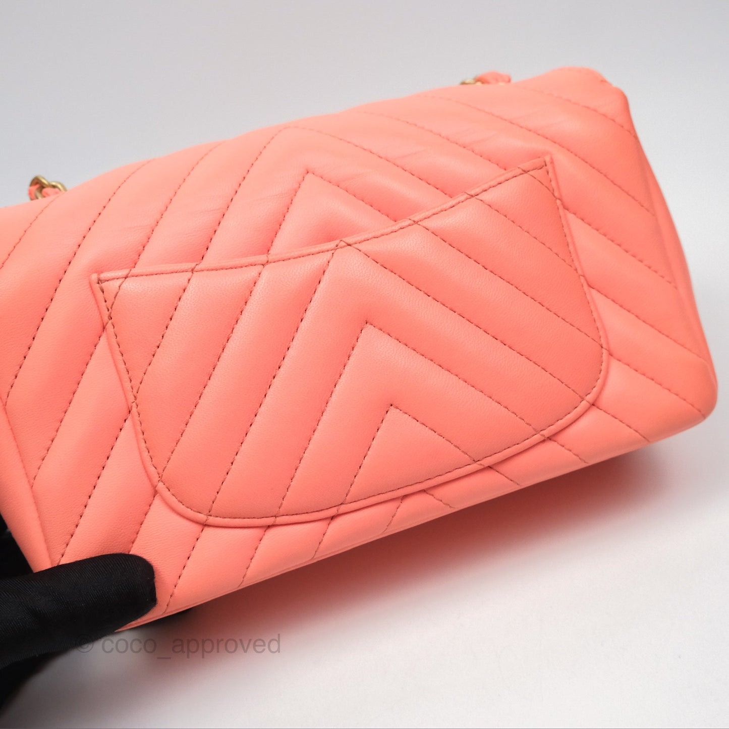 Chanel Chevron Mini Rectangular Flap Peach Pink Lambskin Aged Gold Hardware