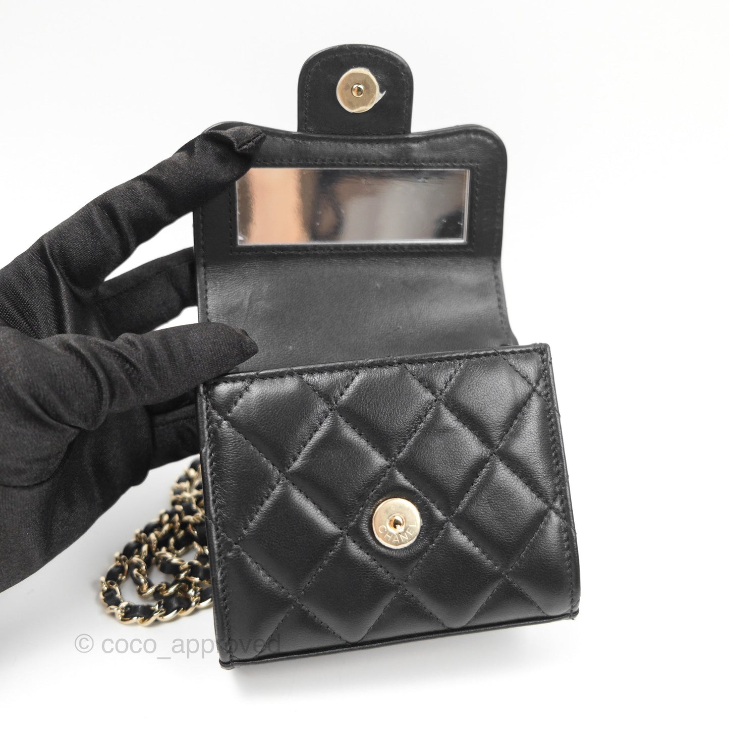 Chanel Mini Handle Clutch With Chain Black Lambskin Gold Hardware